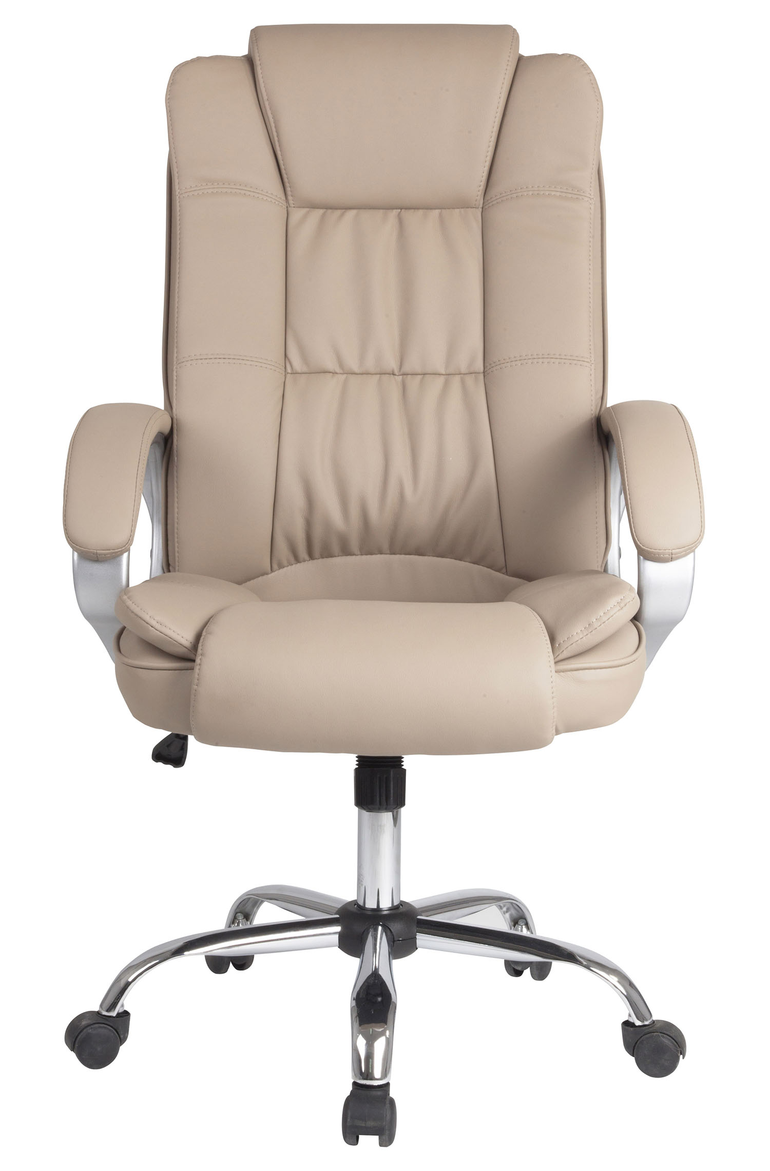 Una silla de oficina beige con ruedas y base cromada.