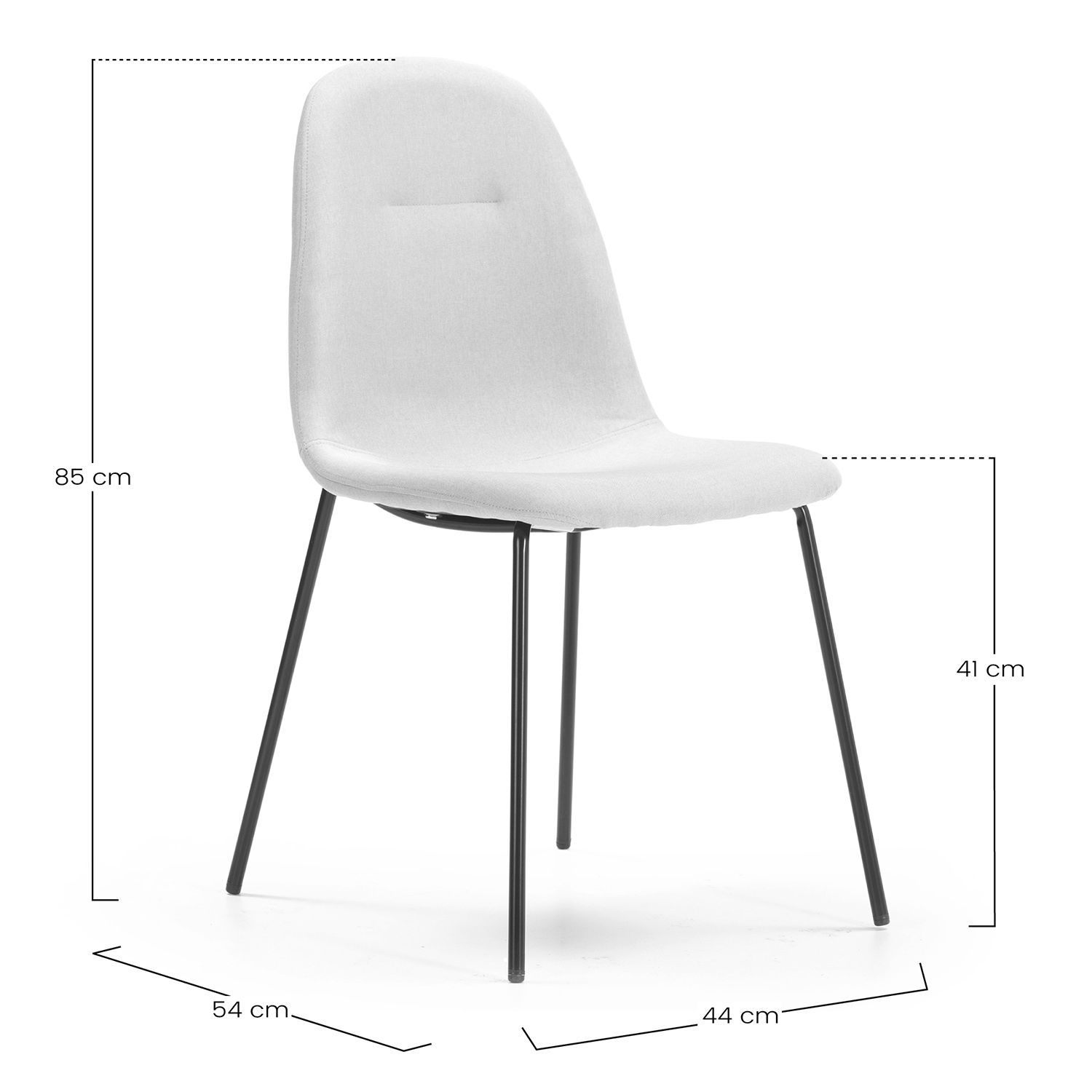 Una silla de color claro con patas de metal negro, se muestran dimensiones.