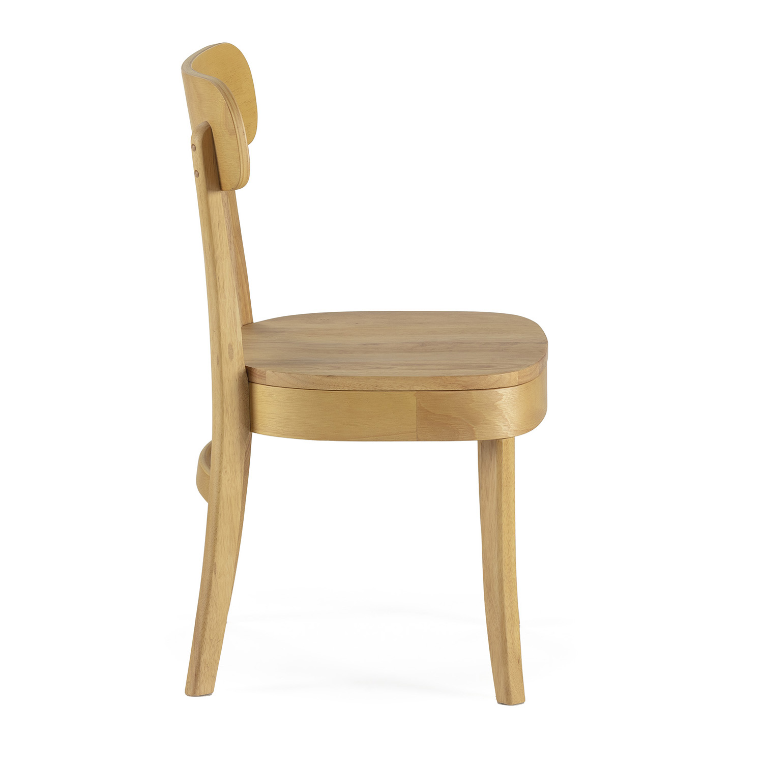 Una silla de madera con asiento y respaldo redondeados, vista de lado.