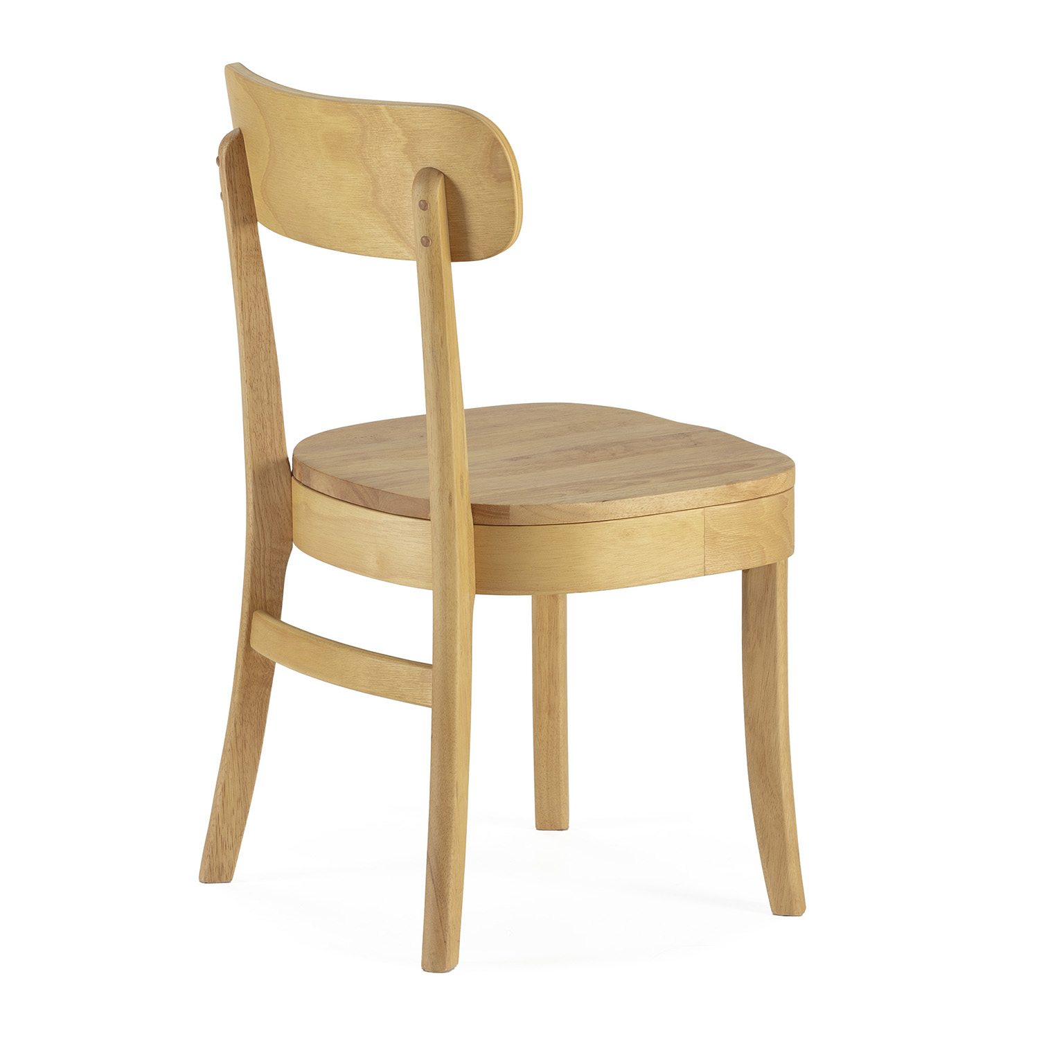 Una silla de madera con respaldo curvo y asiento redondo, vista desde atrás.