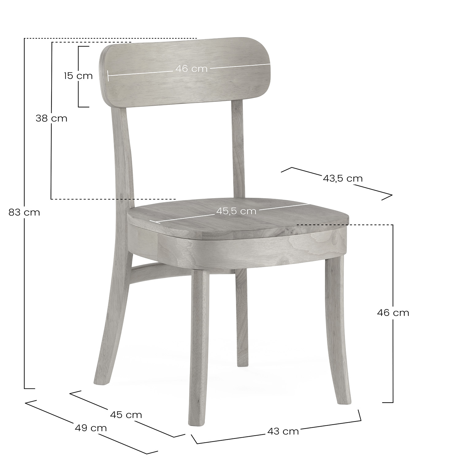 Silla de madera clara con dimensiones: 83 cm alto, 46 cm alto asiento, 45,5 cm ancho asiento.