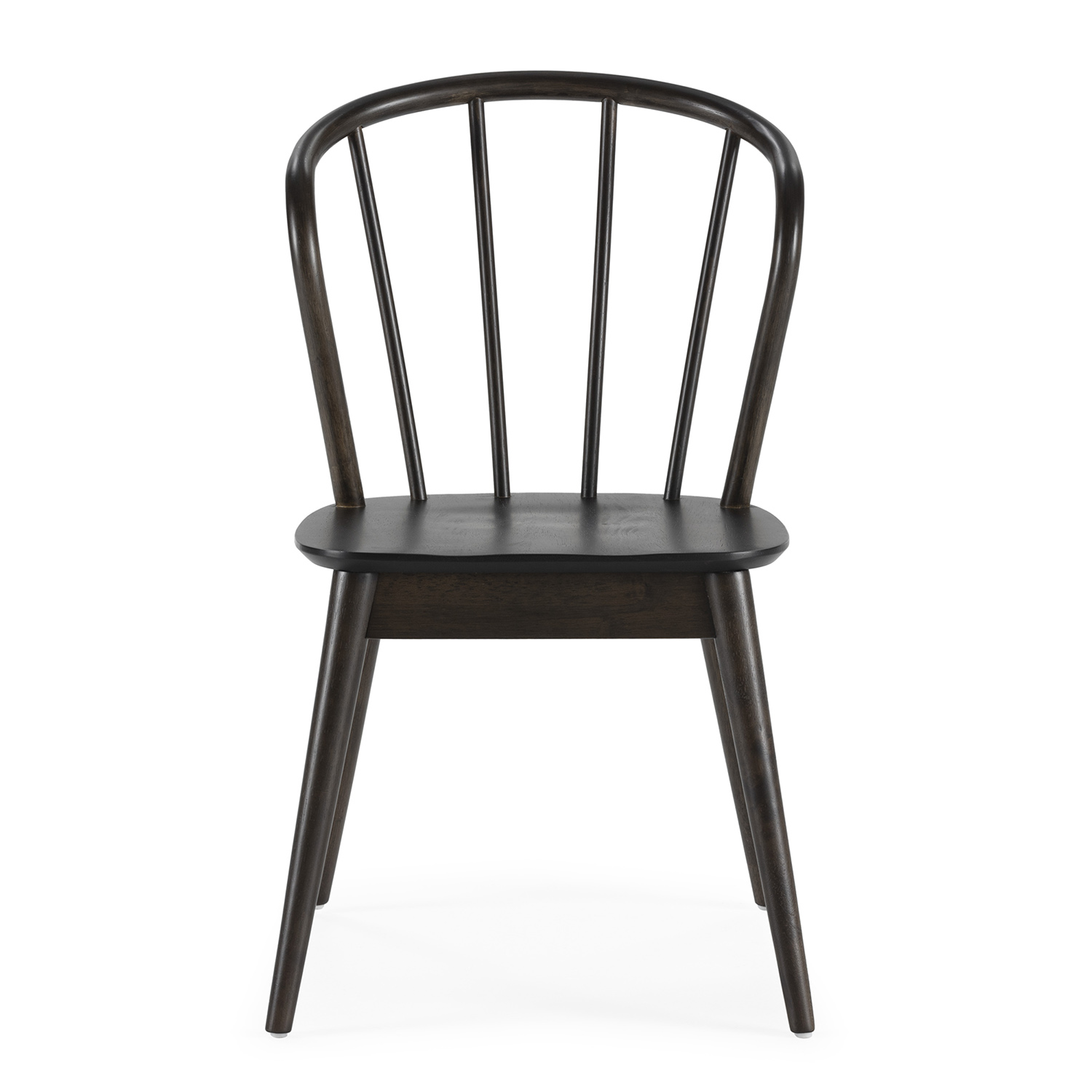 Silla de madera marrón oscuro con respaldo curvo y cuatro patas delgadas.