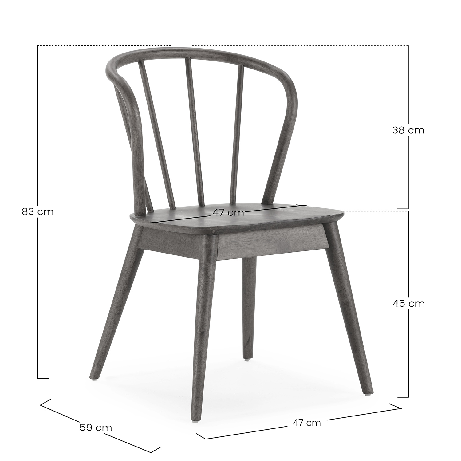 Una silla de madera gris con respaldo curvo y cuatro patas, mostrando dimensiones.