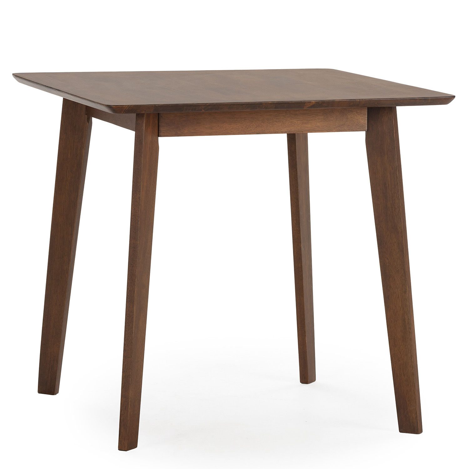 Una mesa pequeña de madera oscura con cuatro patas anguladas y tablero cuadrado.