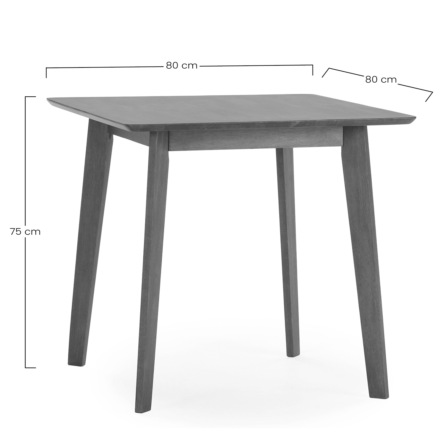 Una mesa de madera gris de 80x80 cm y 75 cm de alto.