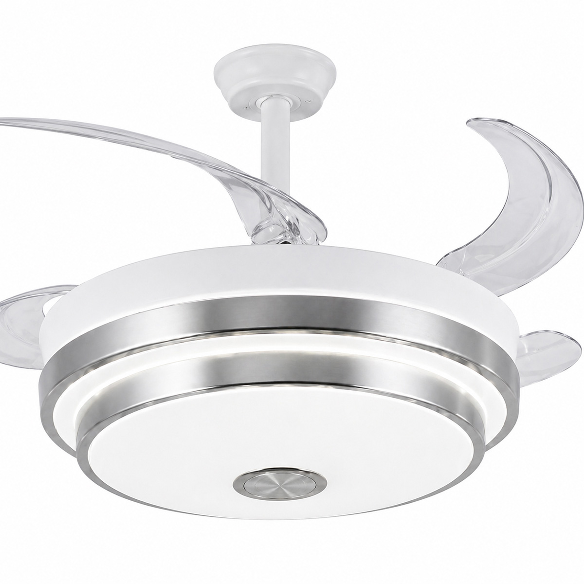 Un ventilador de techo blanco con aspas transparentes retrctiles y luz integrada.