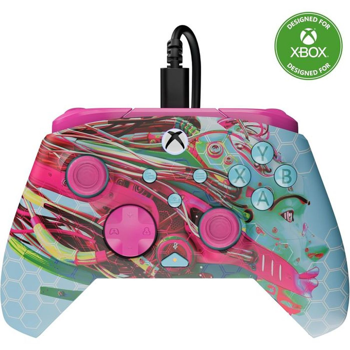Un controller Xbox rosa con design astratto e cavo.