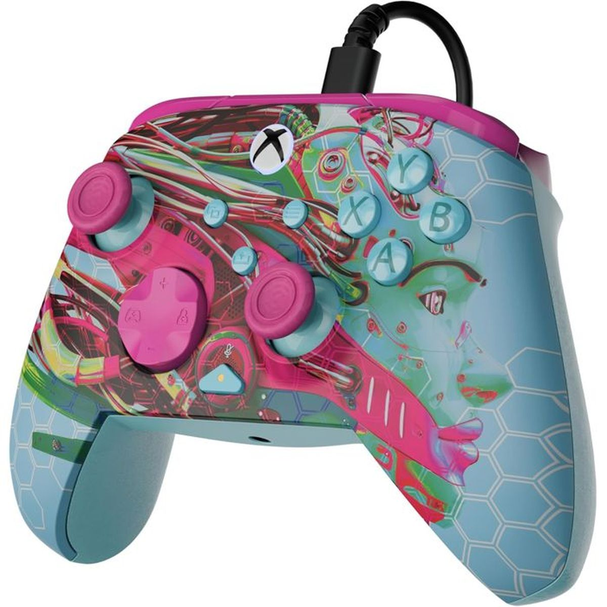 Un controller Xbox con un design astratto colorato rosa, blu e verde.