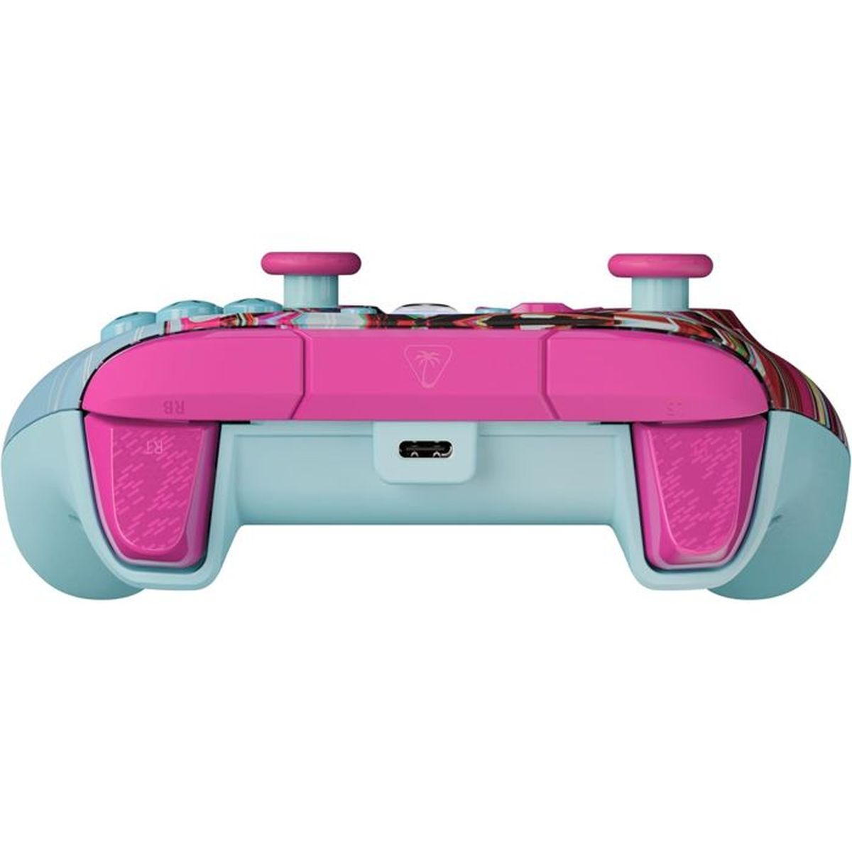 Un controller di gioco blu con accenti rosa e un motivo tropicale.