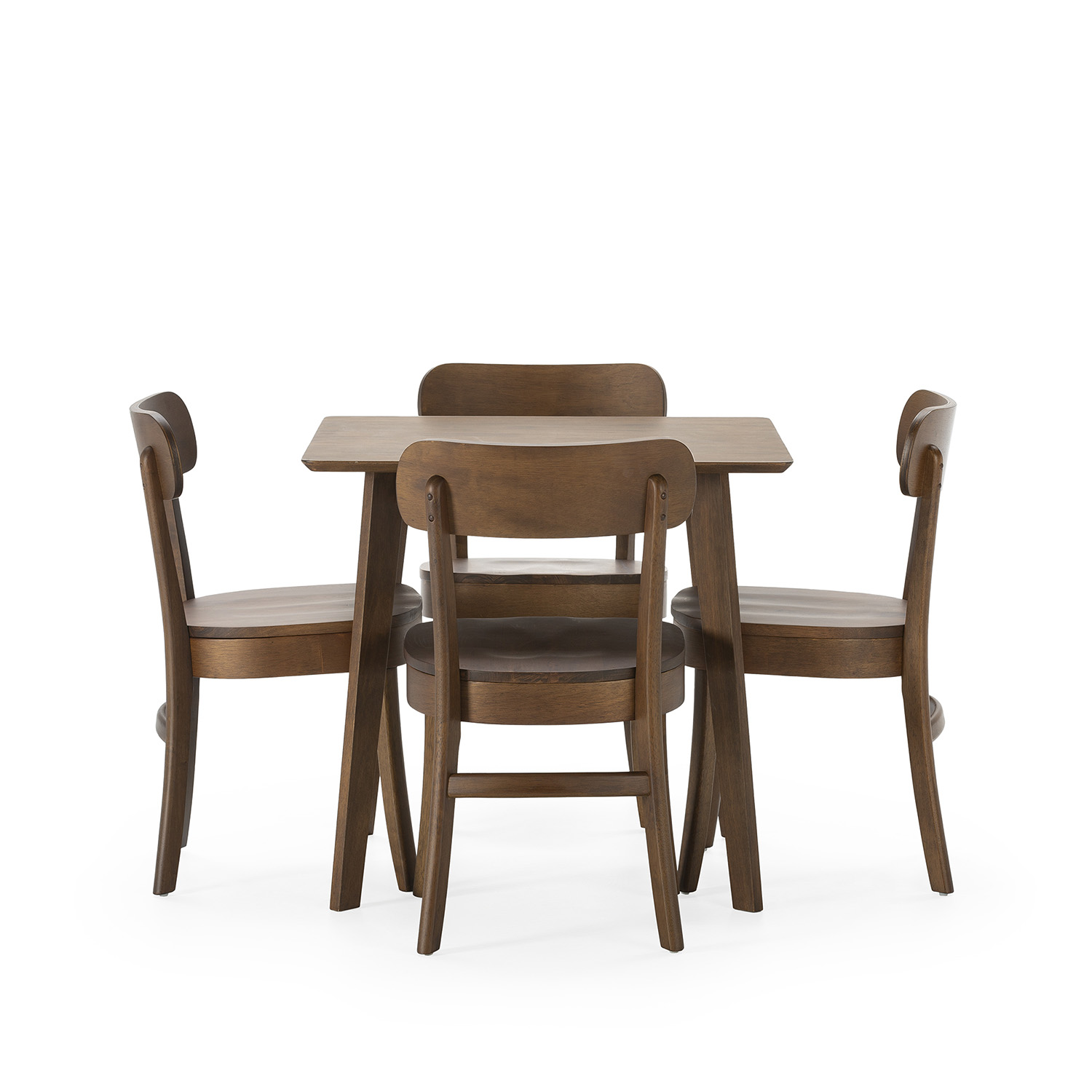 Una mesa de comedor de madera con cuatro sillas, todo sobre un fondo blanco.