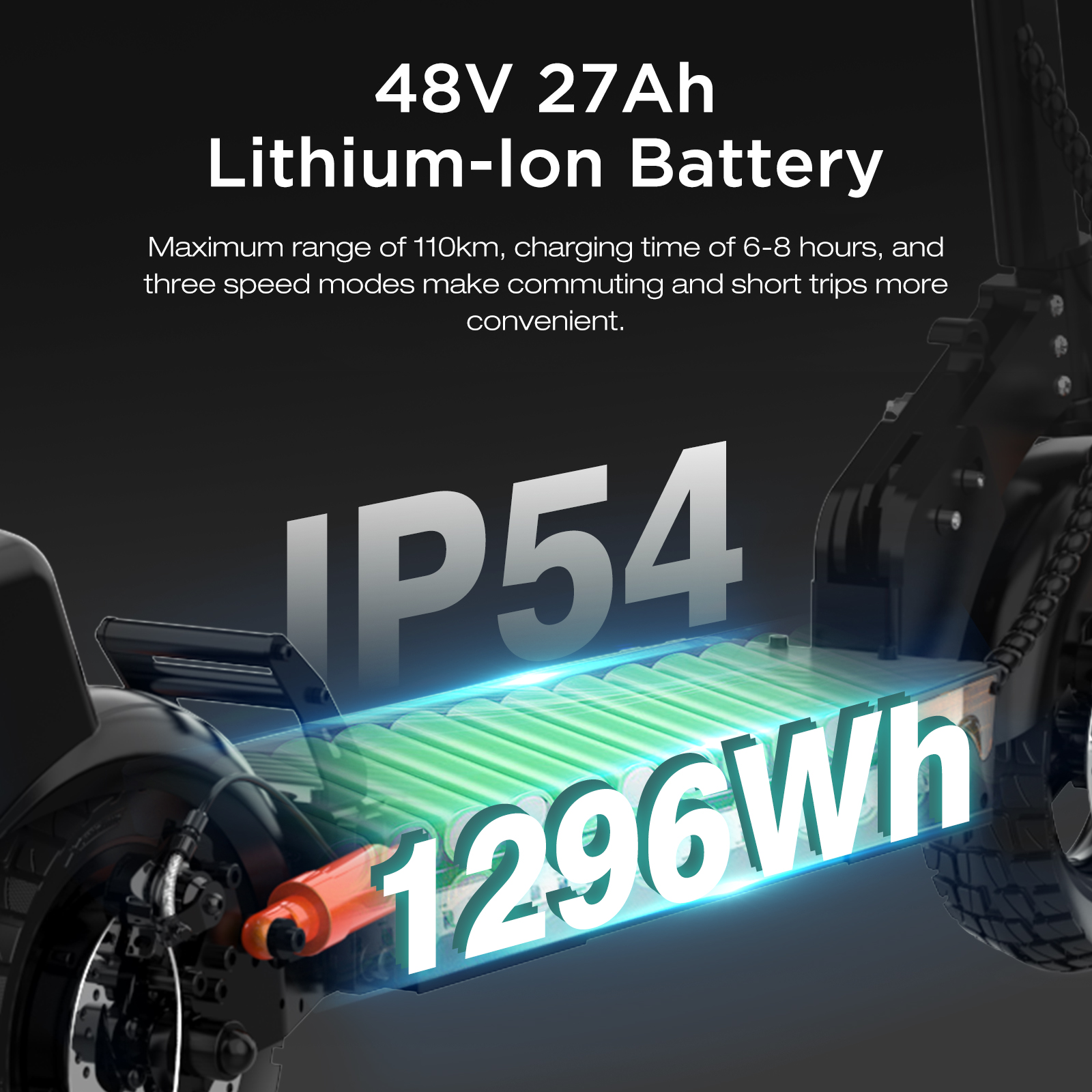 Batterie für Elektroroller: 48V 27Ah, 1296Wh, IP54.