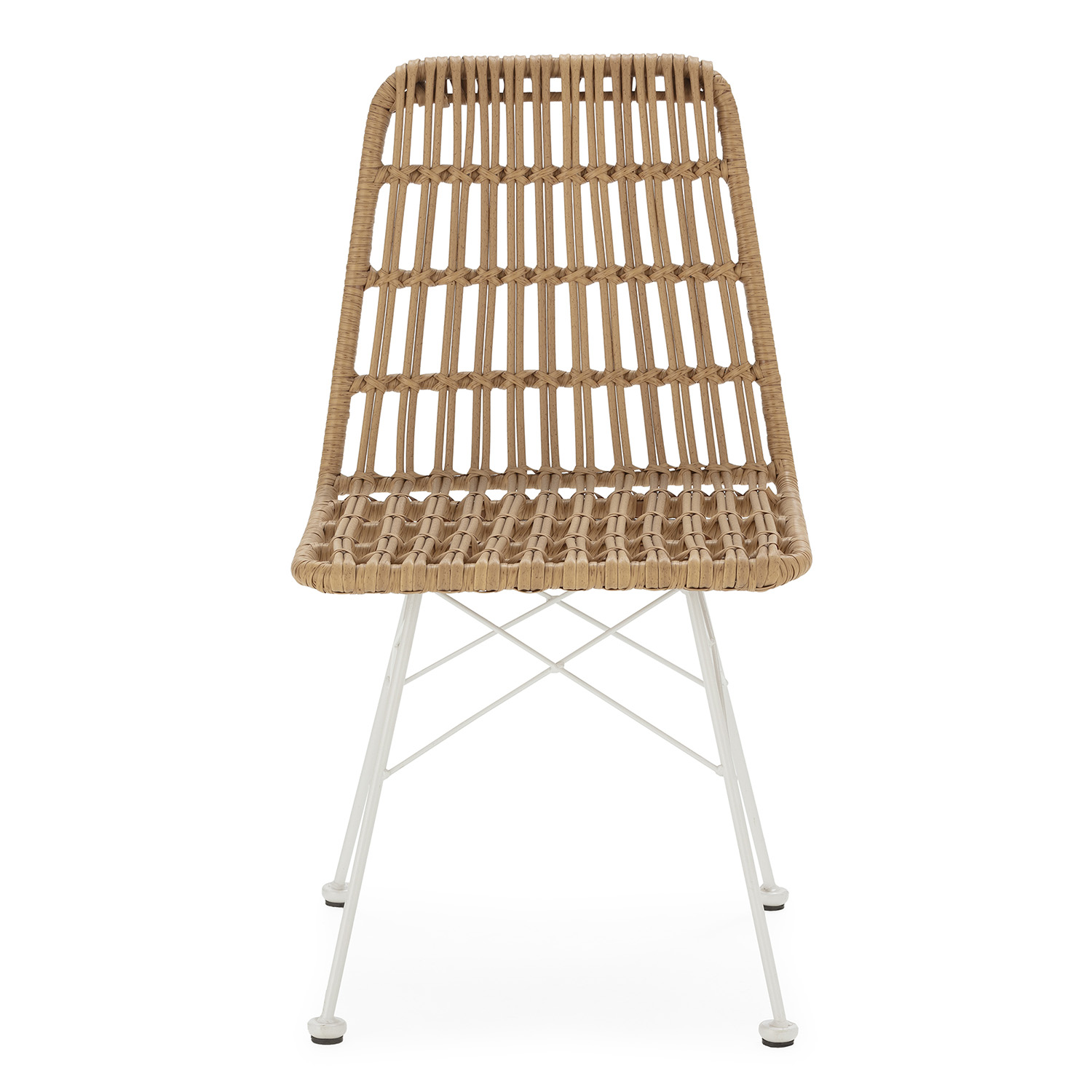 Silla de ratán marrón con patas de metal blanco, vista frontal.