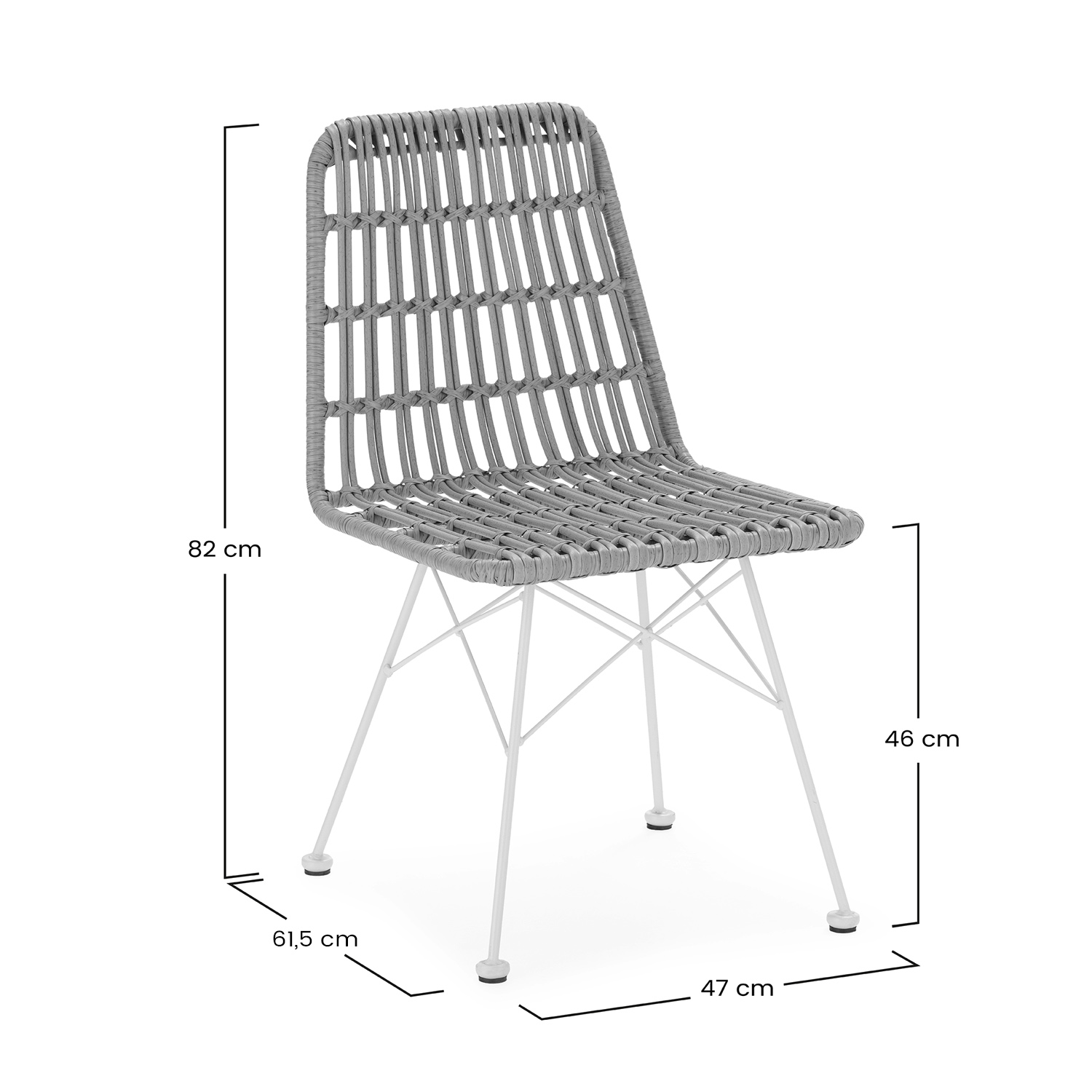 Silla tejida gris con patas de metal blanco. Se indican las dimensiones.