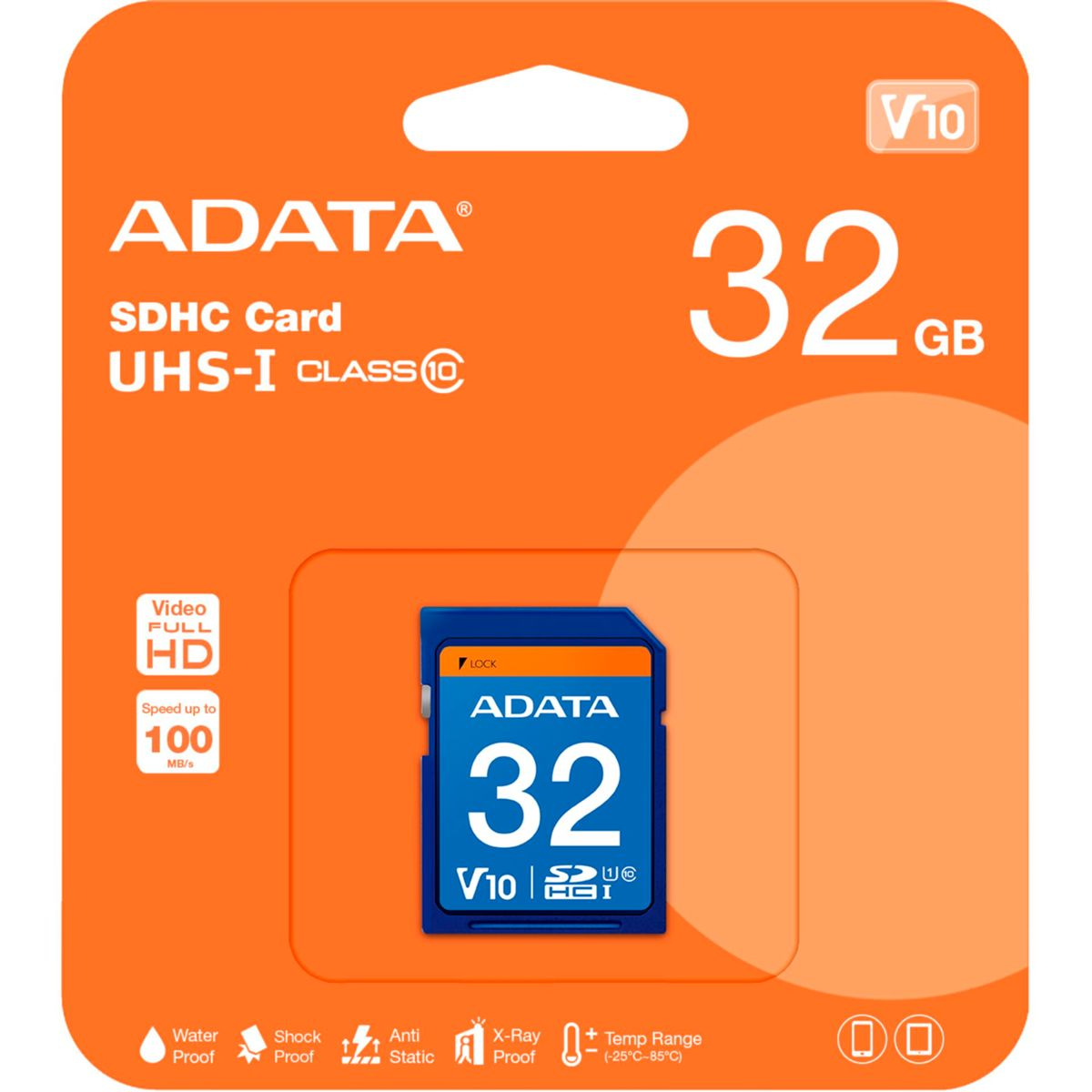 ADATA 32GB SDHC-Karte, UHS-I Klasse 10, V10, mit Wasser-, Stoß-, Anti-Statik-, Röntgen-Schutz.