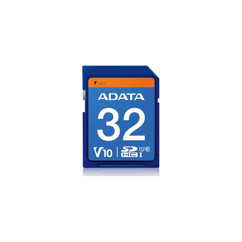 Eine blaue SD-Karte mit der Aufschrift ADATA 32 V10 und einem Schloss-Symbol.