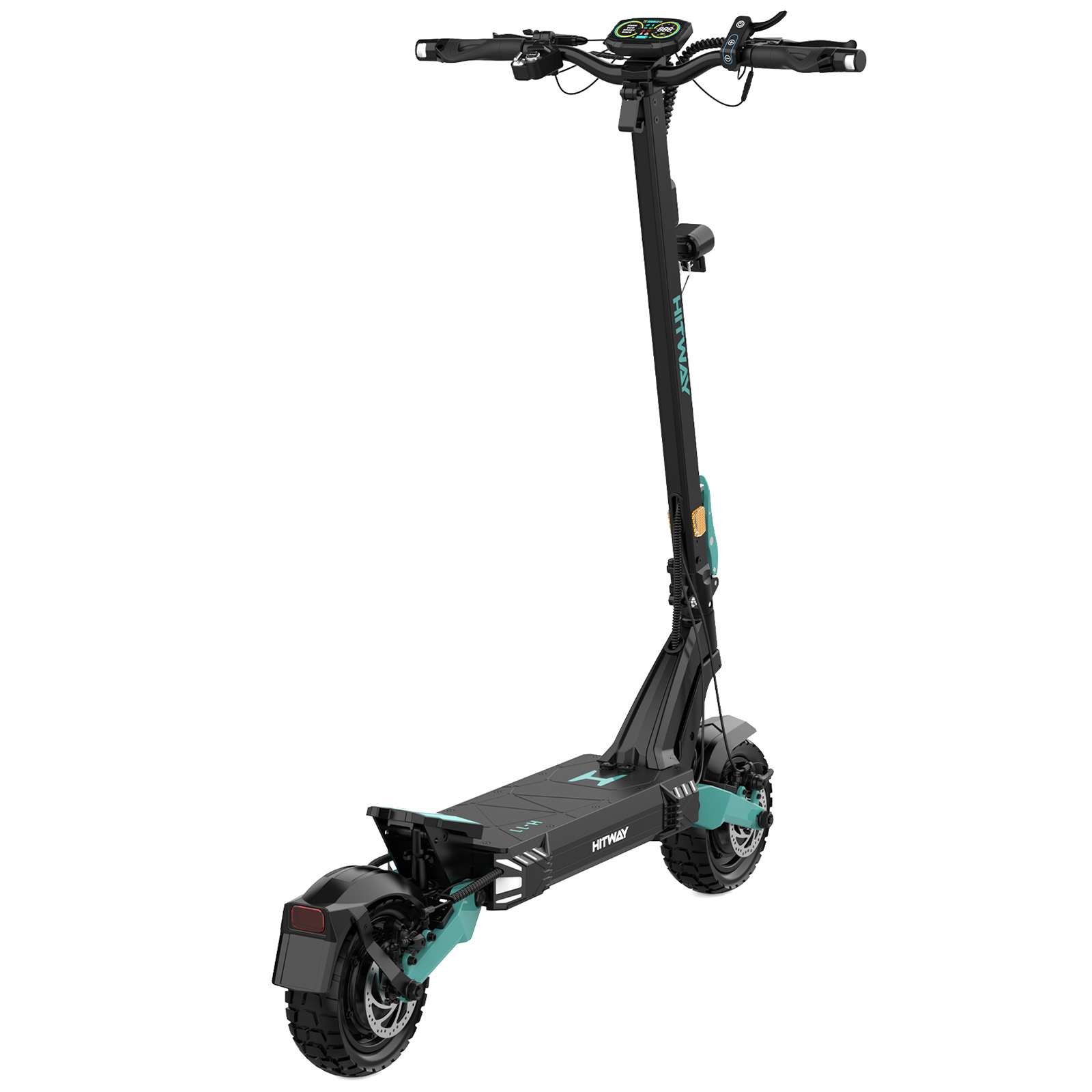 Ein schwarzer E-Scooter mit türkisfarbenen Akzenten steht vor weißem Hintergrund.