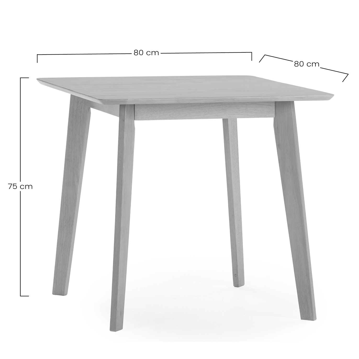 Una mesa de madera clara, 80x80cm y 75cm de alto, con cuatro patas.