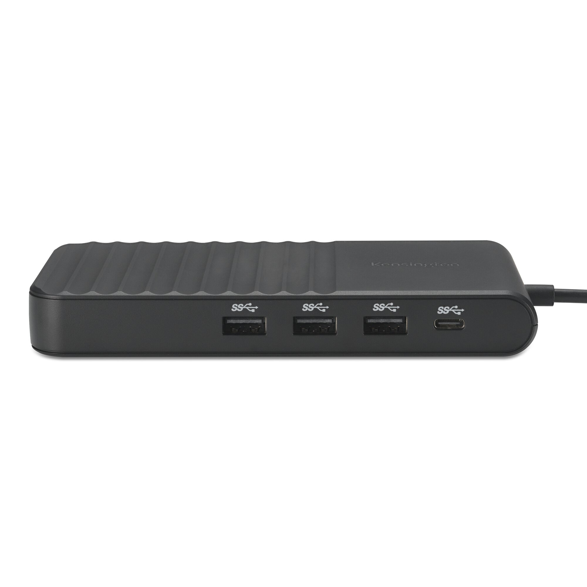 Hub USB-C nero con parte superiore scanalata e più porte.