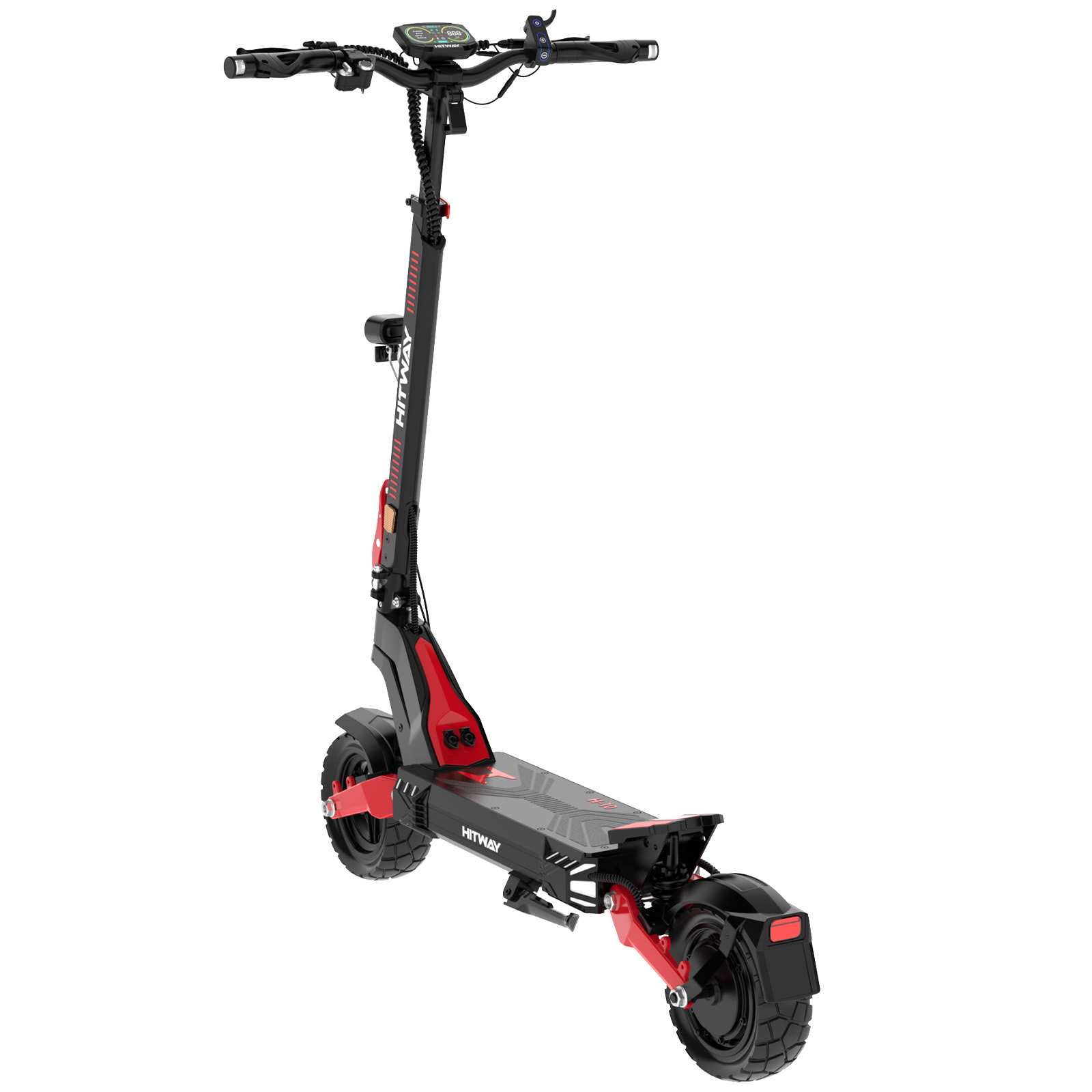 Ein schwarzer und roter E-Scooter mit breiten Reifen und einem Display am Lenker.