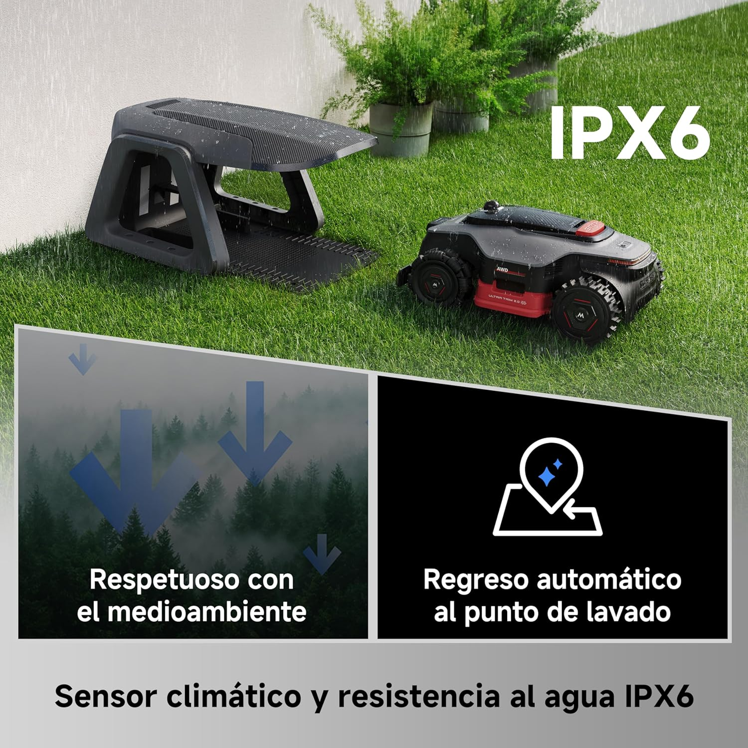 Robot koszący i stacja ładująca na mokrej trawie. IPX6.