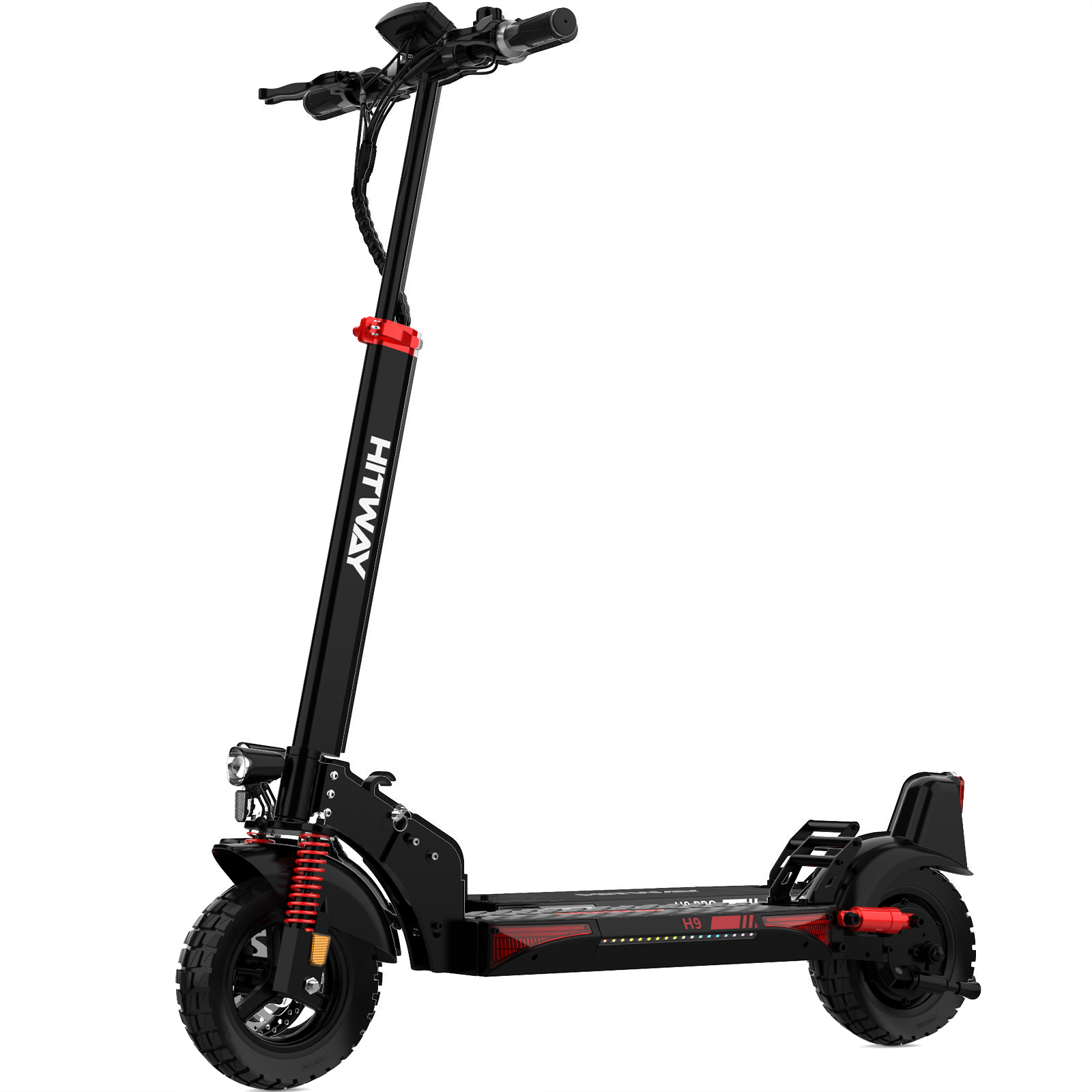 Schwarzer E-Scooter mit roten Akzenten, breiten Reifen und LED-Beleuchtung.