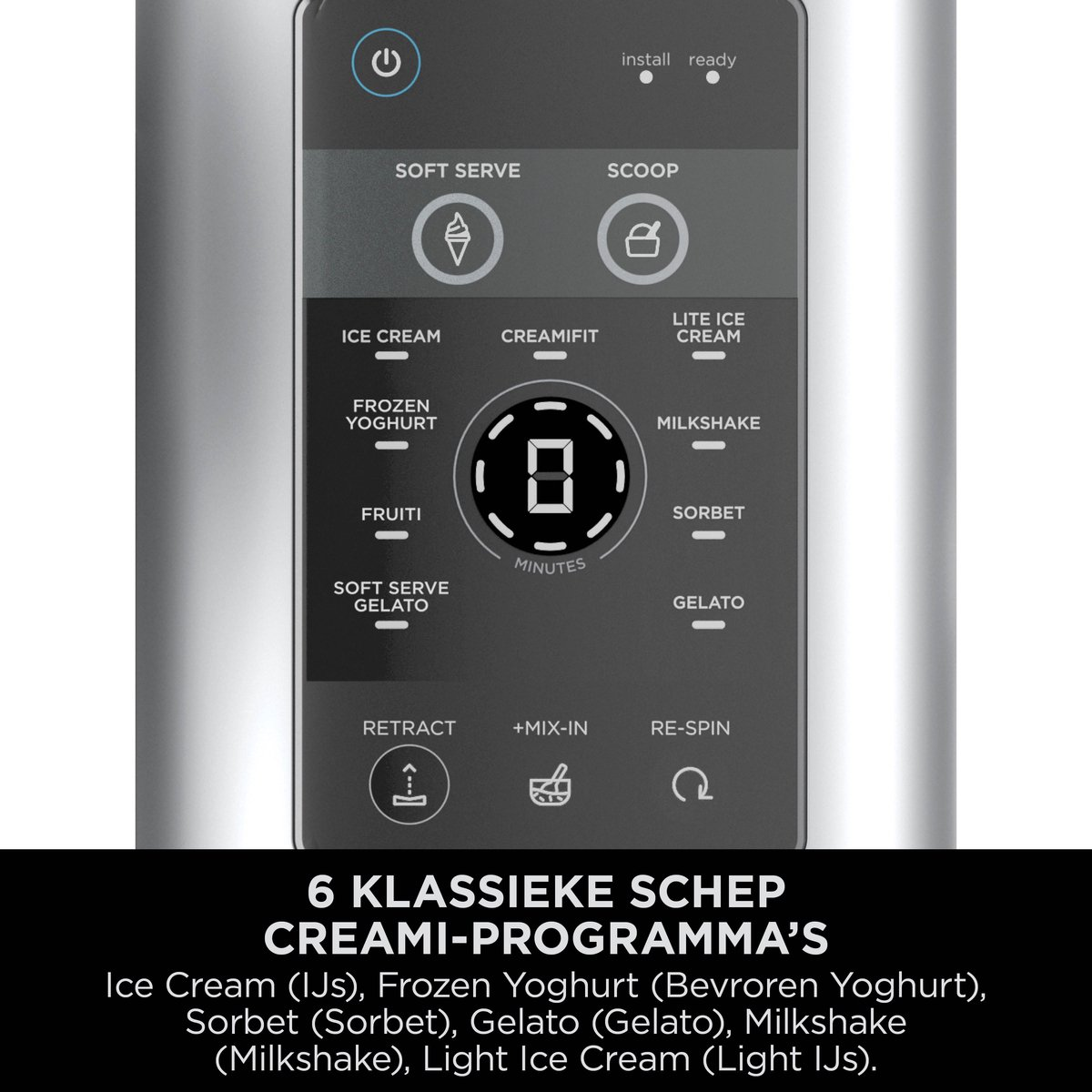 Bedieningspaneel van een ijsmachine met opties voor ijs, yoghurt, sorbet, gelato.