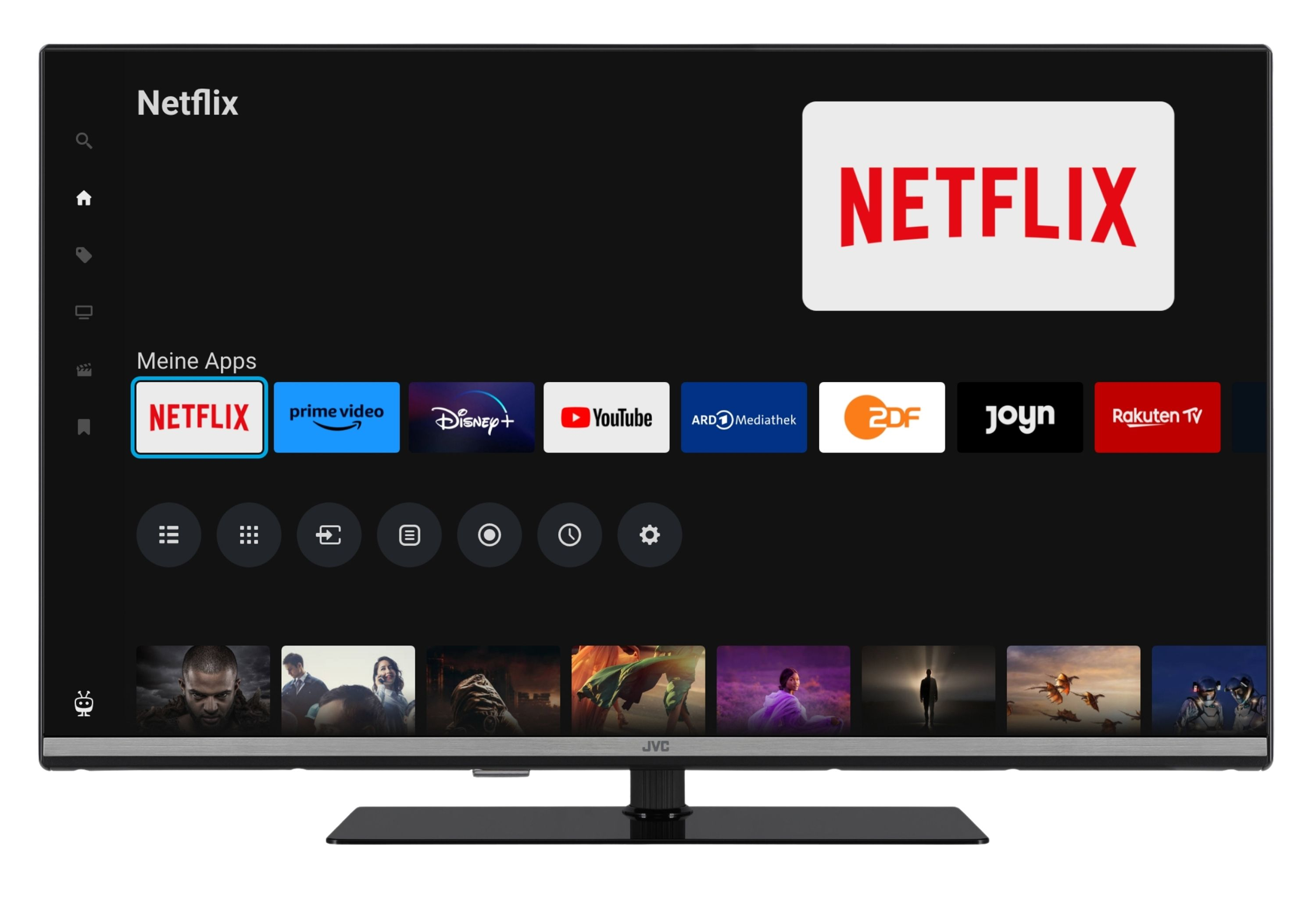 Ein Fernsehbildschirm zeigt die Netflix-Startseite mit App-Symbolen und Filmausschnitten.