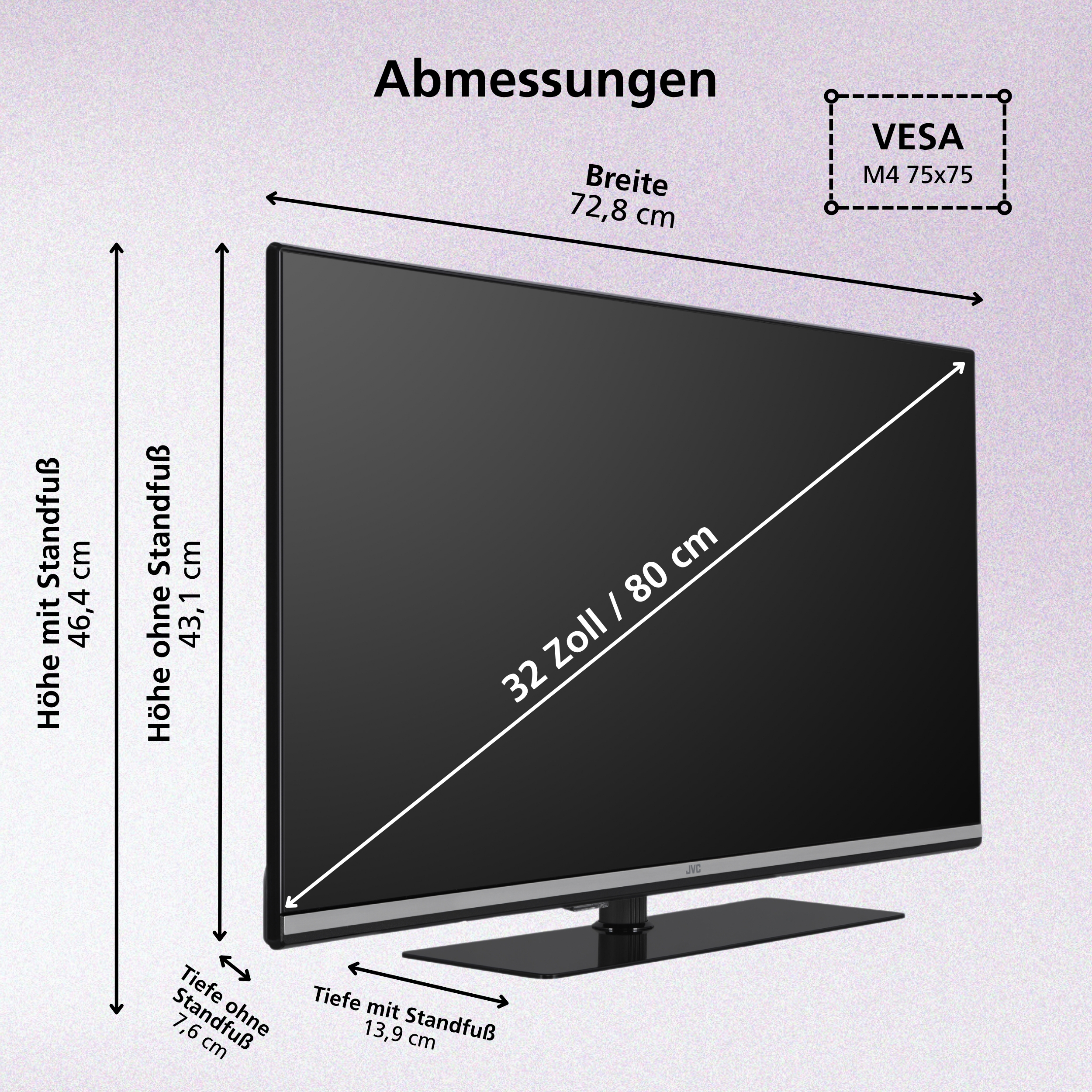 Ein JVC Fernseher mit Maßen und VESA-Informationen.