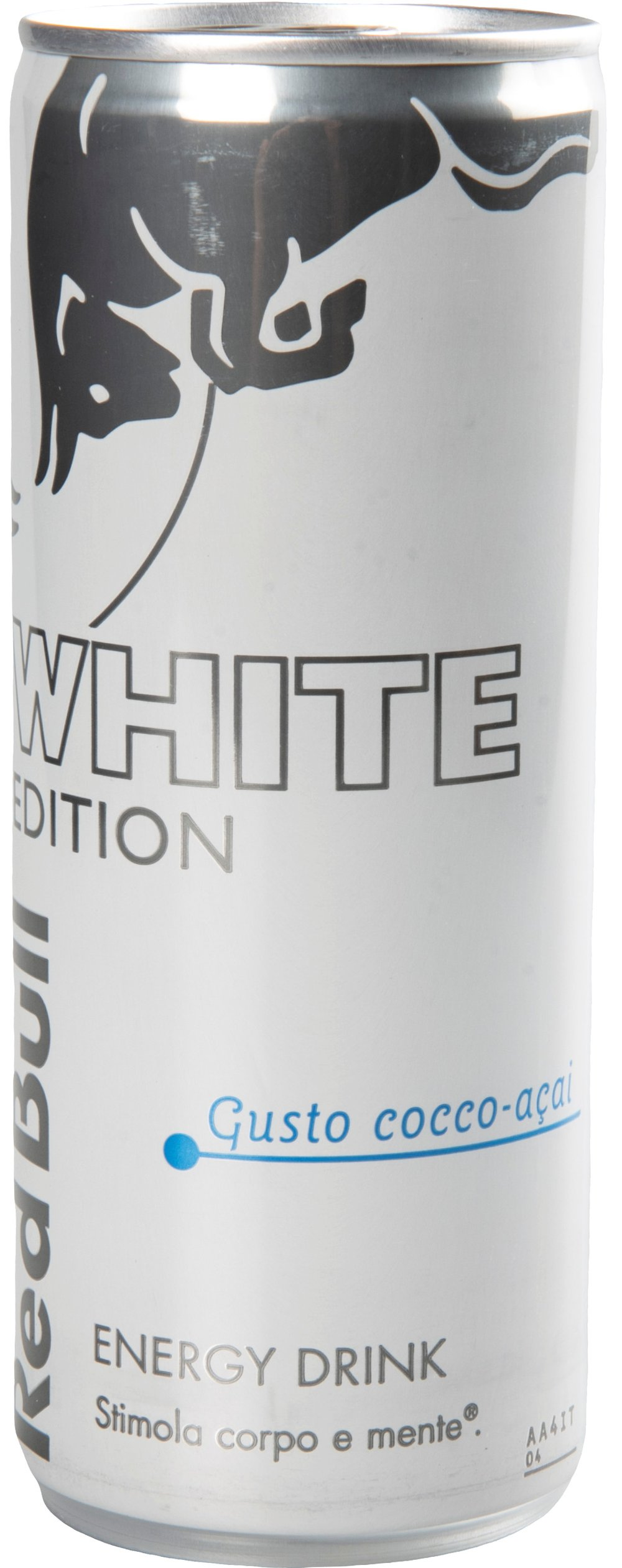 Una lattina bianca Red Bull con toro nero e scritta "WHITE EDITION".