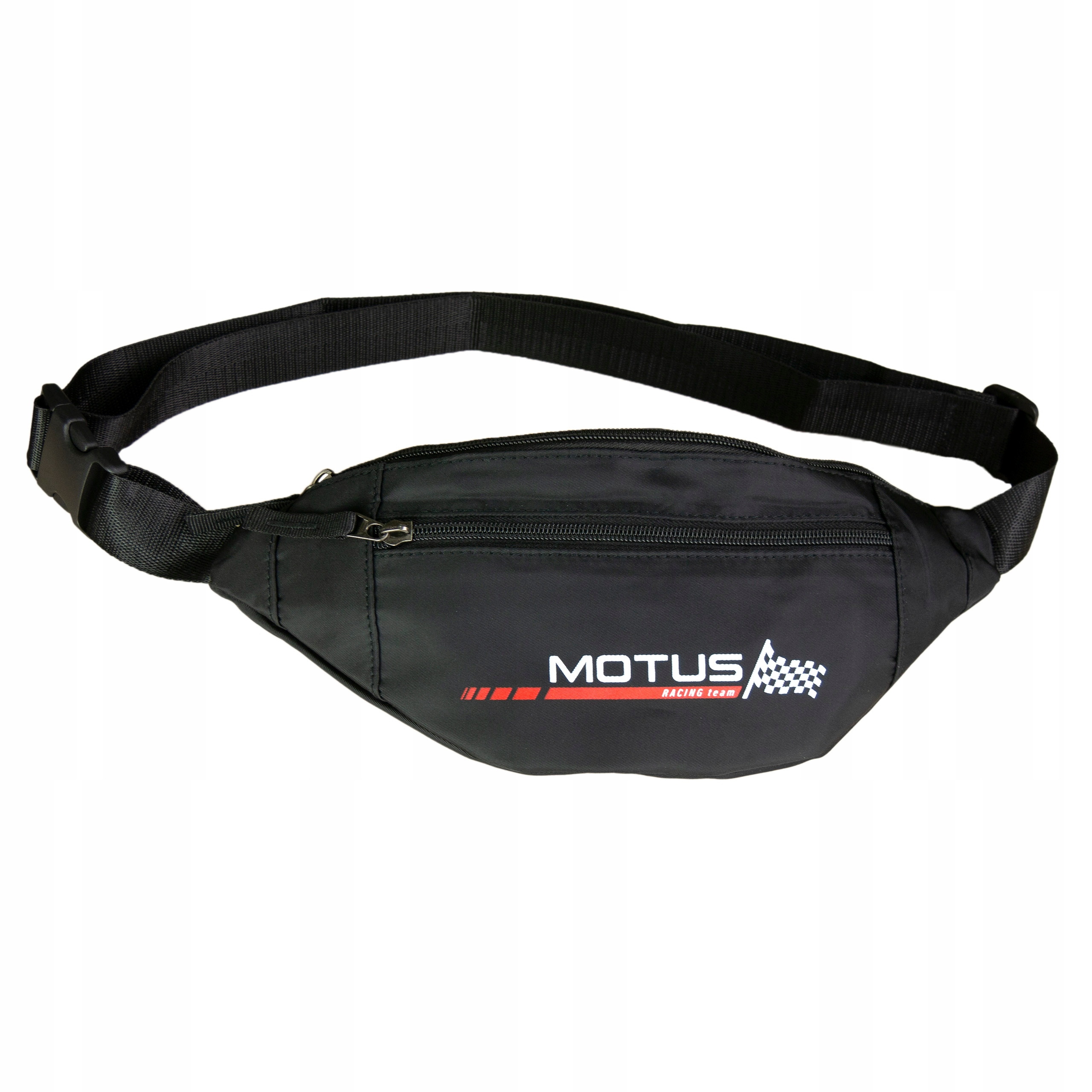 Marsupio nero con logo MOTUS RACING TEAM e bandiera a scacchi.