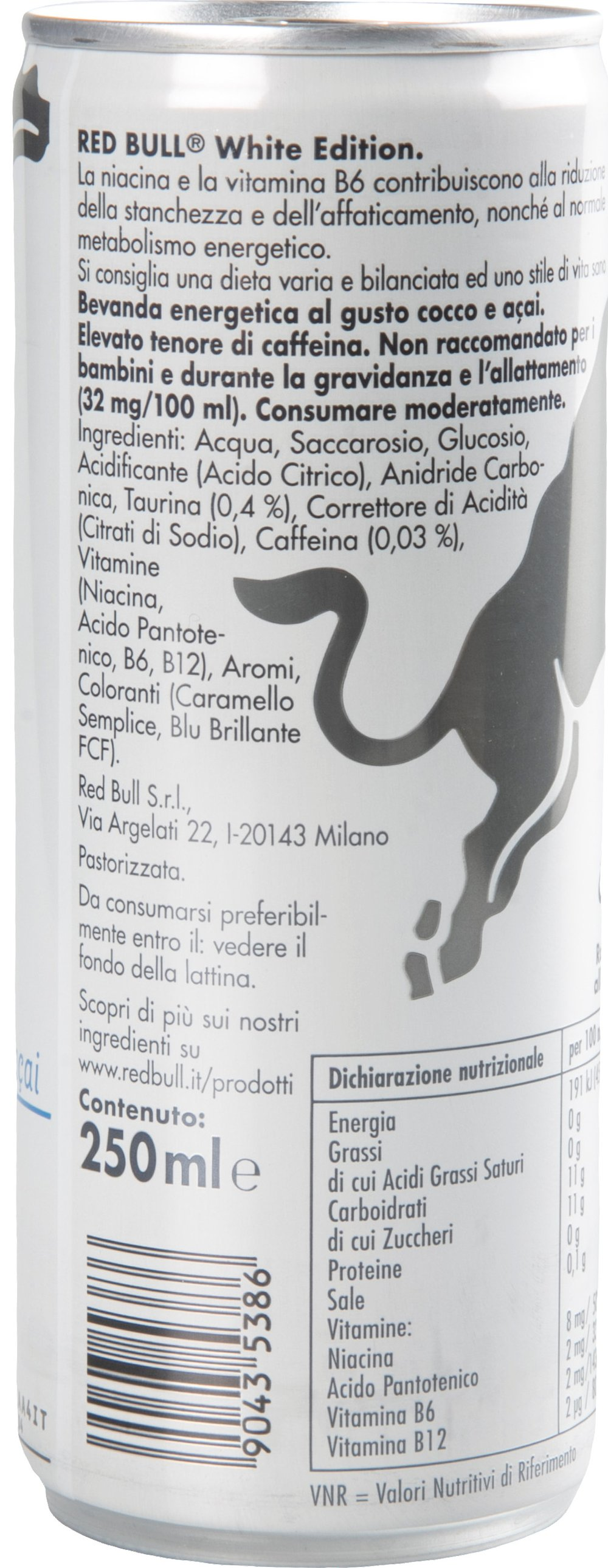 Una lattina di Red Bull White Edition con informazioni nutrizionali e ingredienti.