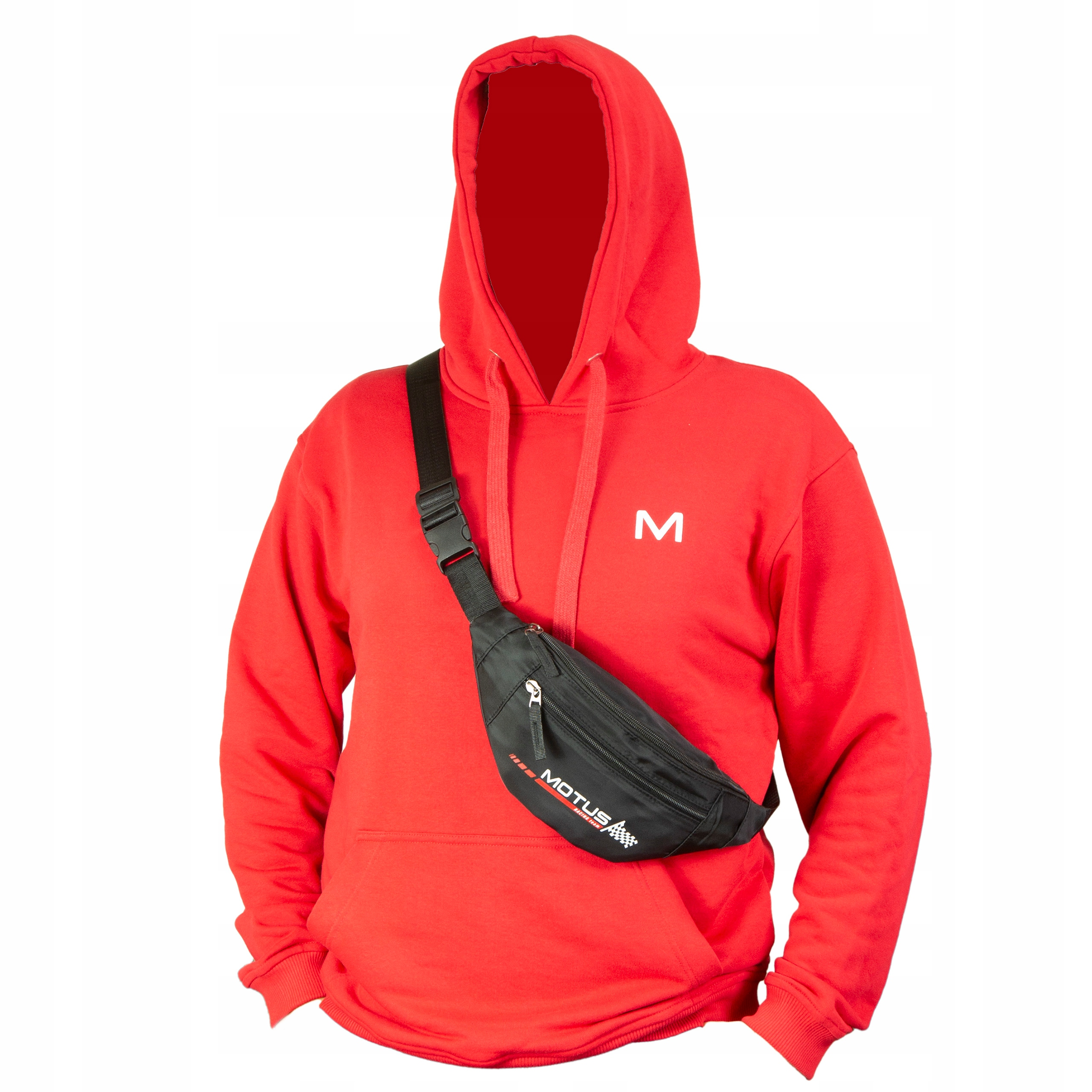 Felpa rossa con marsupio nero. Logo 'M' bianco sul petto.
