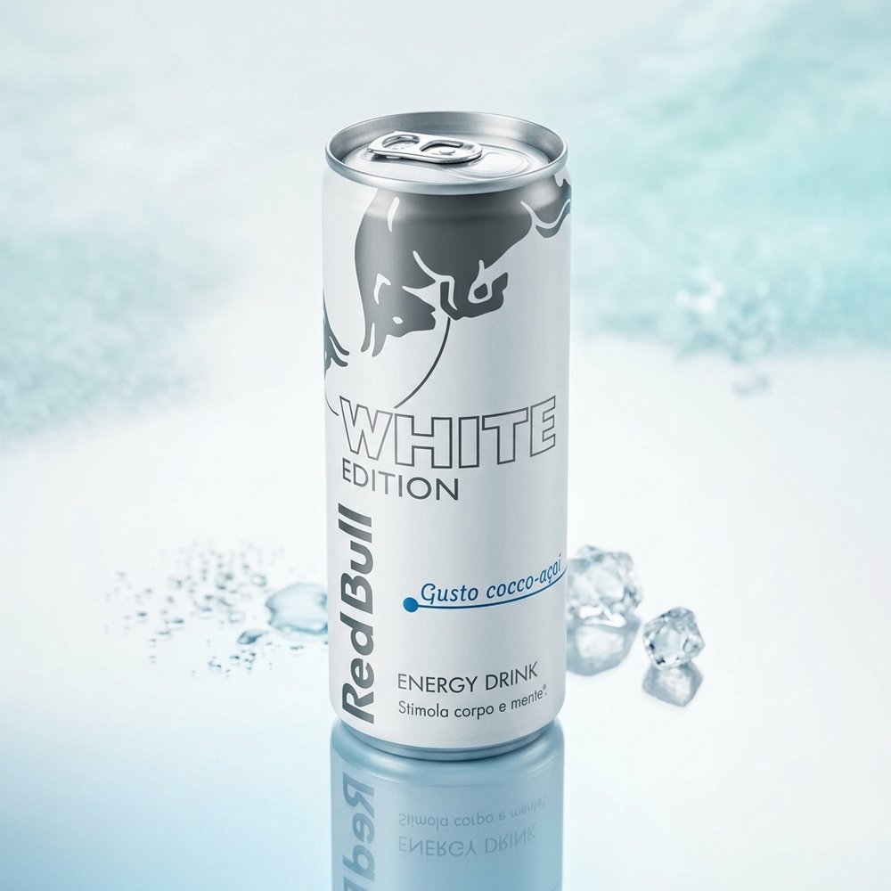 Una lattina bianca Red Bull con etichetta WHITE EDITION, cubetti di ghiaccio e gocce d'acqua.