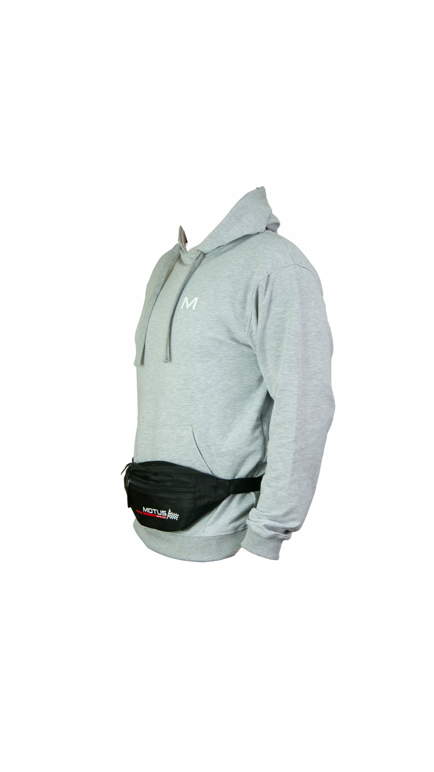 Felpa grigia con marsupio nero con logo.