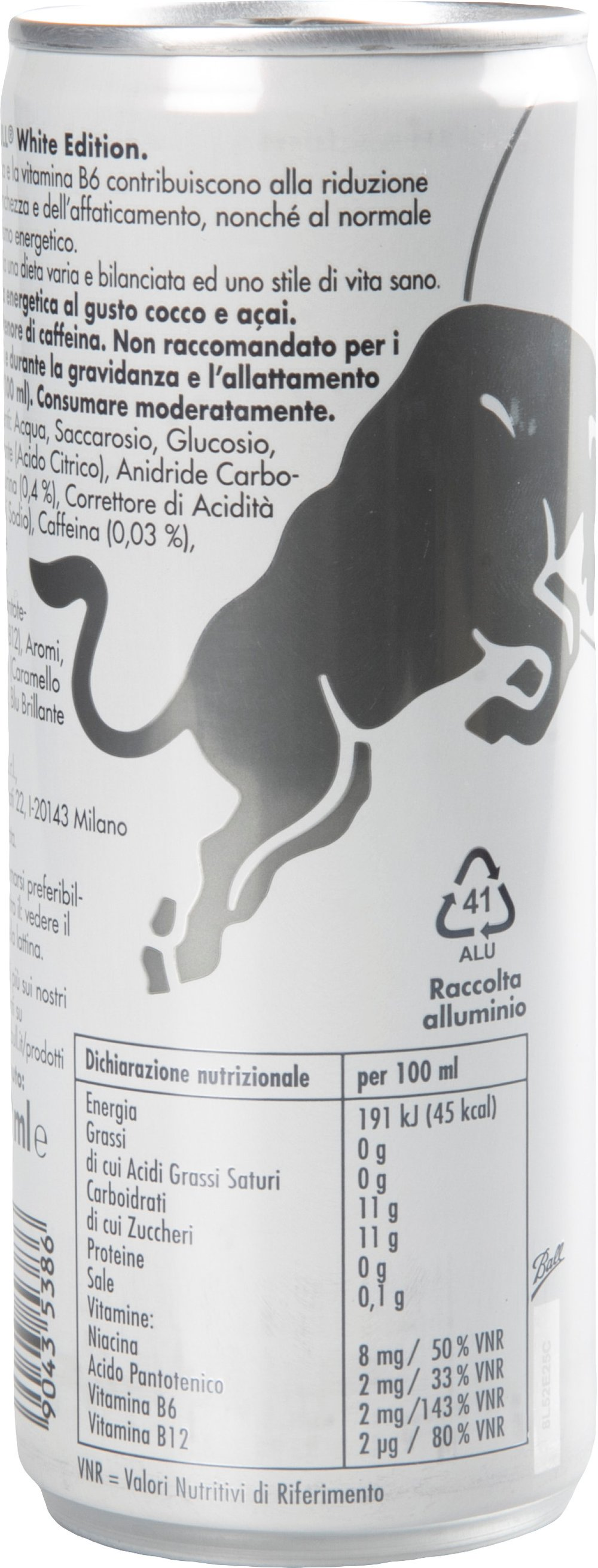 Lattina bianca con informazioni nutrizionali e logo del toro.