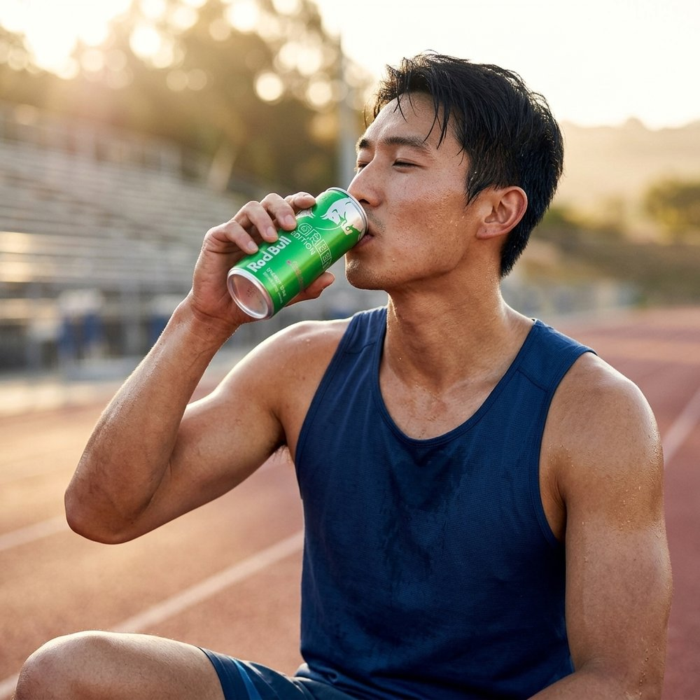 Un uomo beve una lattina verde di Red Bull su una pista da corsa.