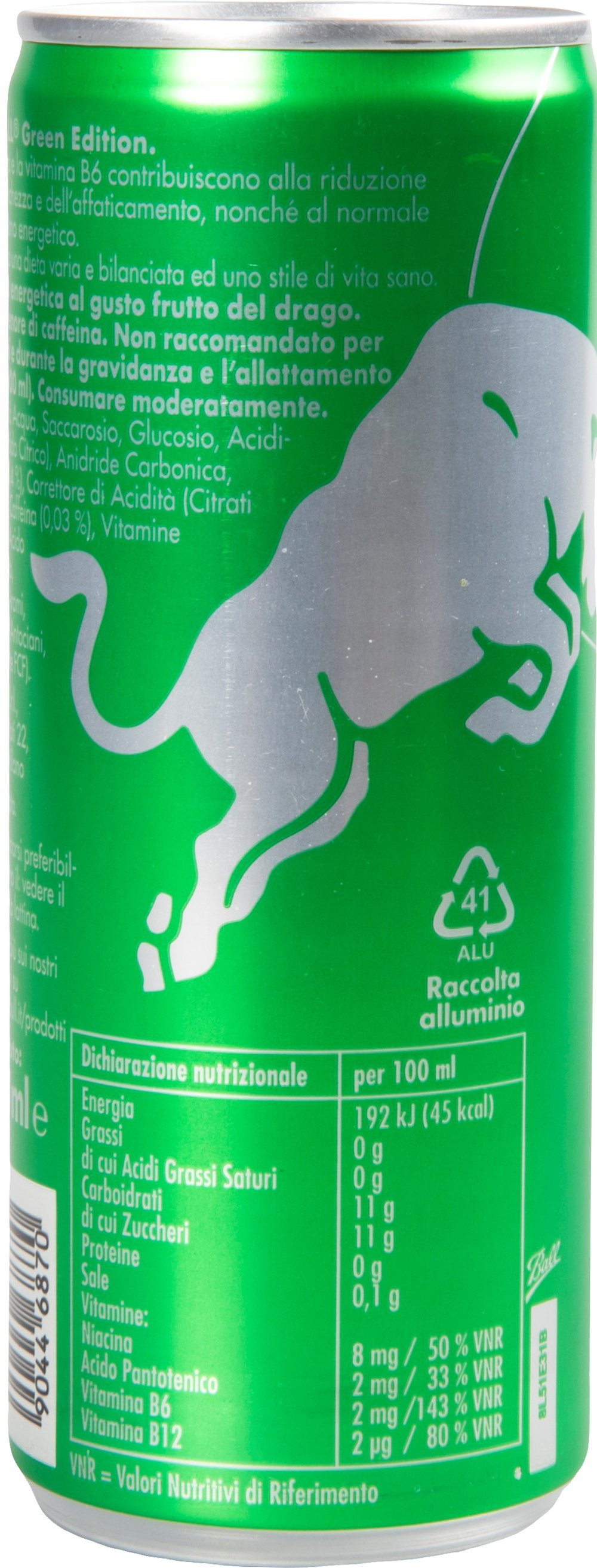 Lattina verde con logo toro argentato. Include informazioni nutrizionali.