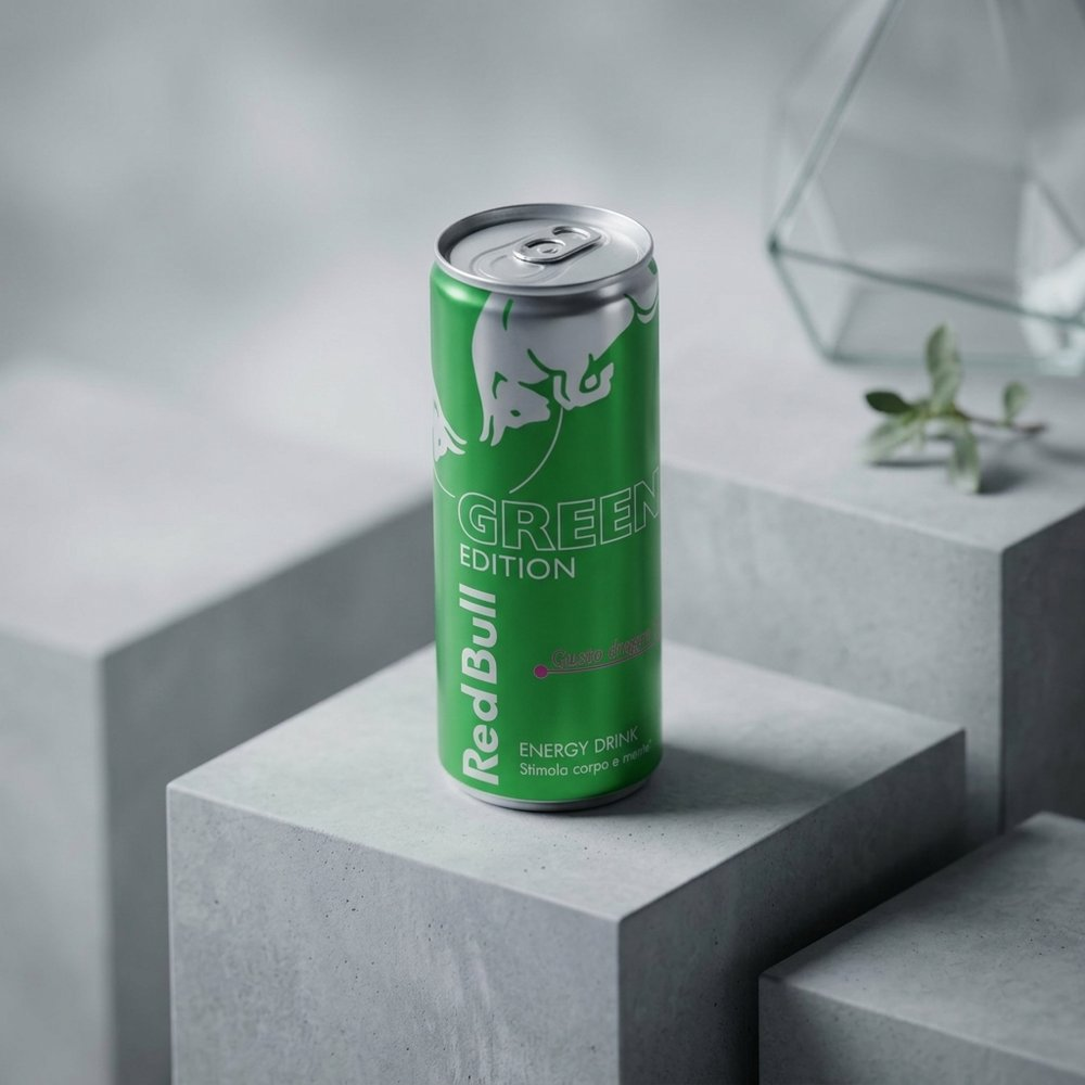 Una lattina verde Red Bull con testo e logo bianco del toro seduta su un cubo grigio.