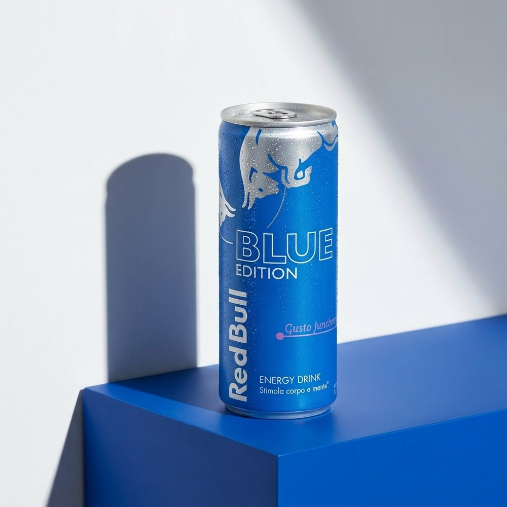 Una lattina blu Red Bull "Blue Edition" poggia su un piedistallo blu.