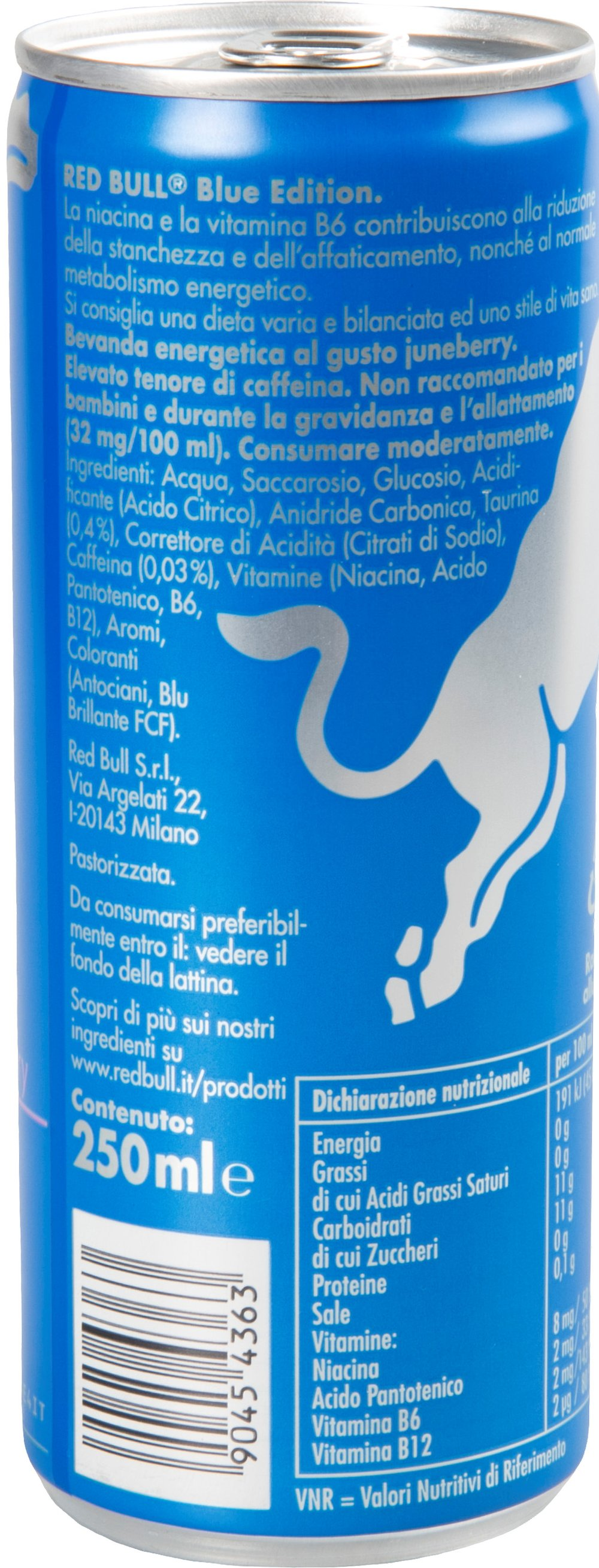 Lattina Red Bull Blu gusto Juneberry. Contiene caffeina, vitamine e niacina.