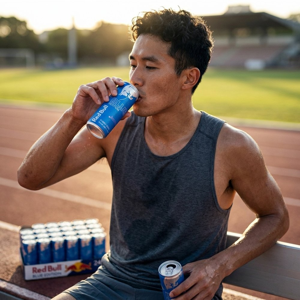 Un uomo beve Red Bull su una pista. Lattine accanto a lui.