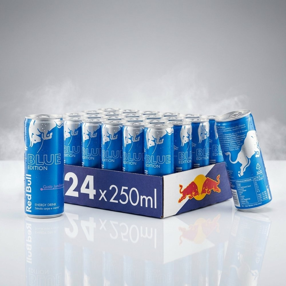 24 lattine blu Red Bull in un cartone. Una lattina davanti a sinistra, una a destra.