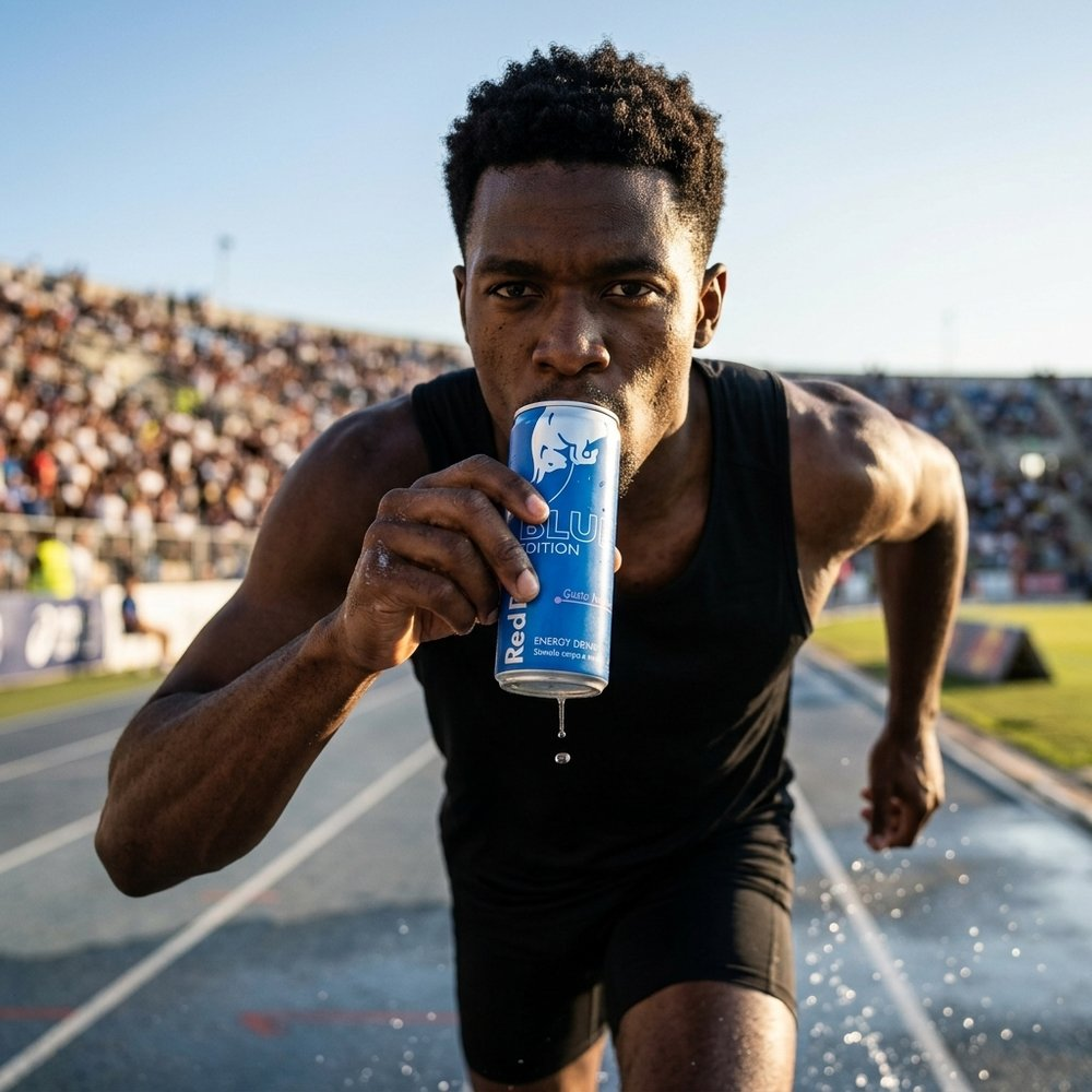 Un uomo beve Red Bull su una pista con spettatori sullo sfondo.