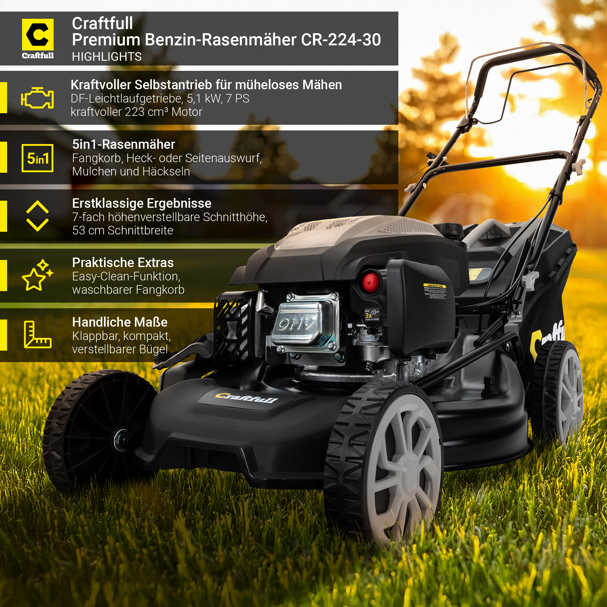 Ein schwarzer Benzinrasenmäher steht auf grünem Gras mit goldenem Licht im Hintergrund.