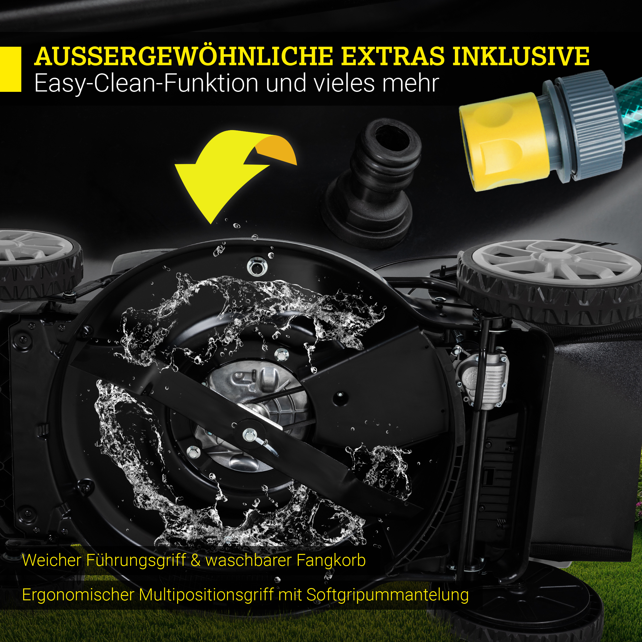 Rasenmäher mit Wasserstrahl auf dem Schneidwerk, mit Schlauchanschluss und Text.