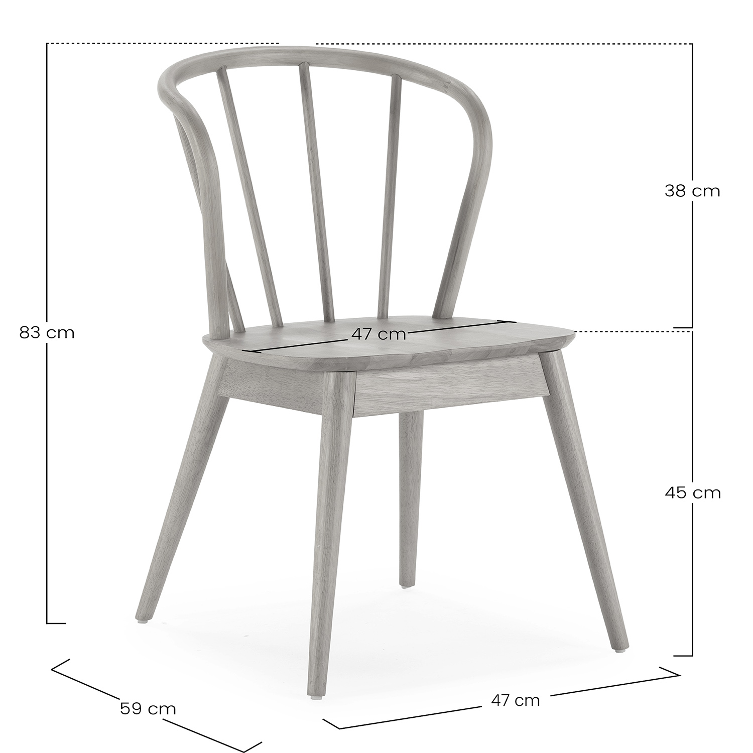 Una silla de madera gris claro con respaldo curvo y detalles de husillo. Dimensiones incluidas.