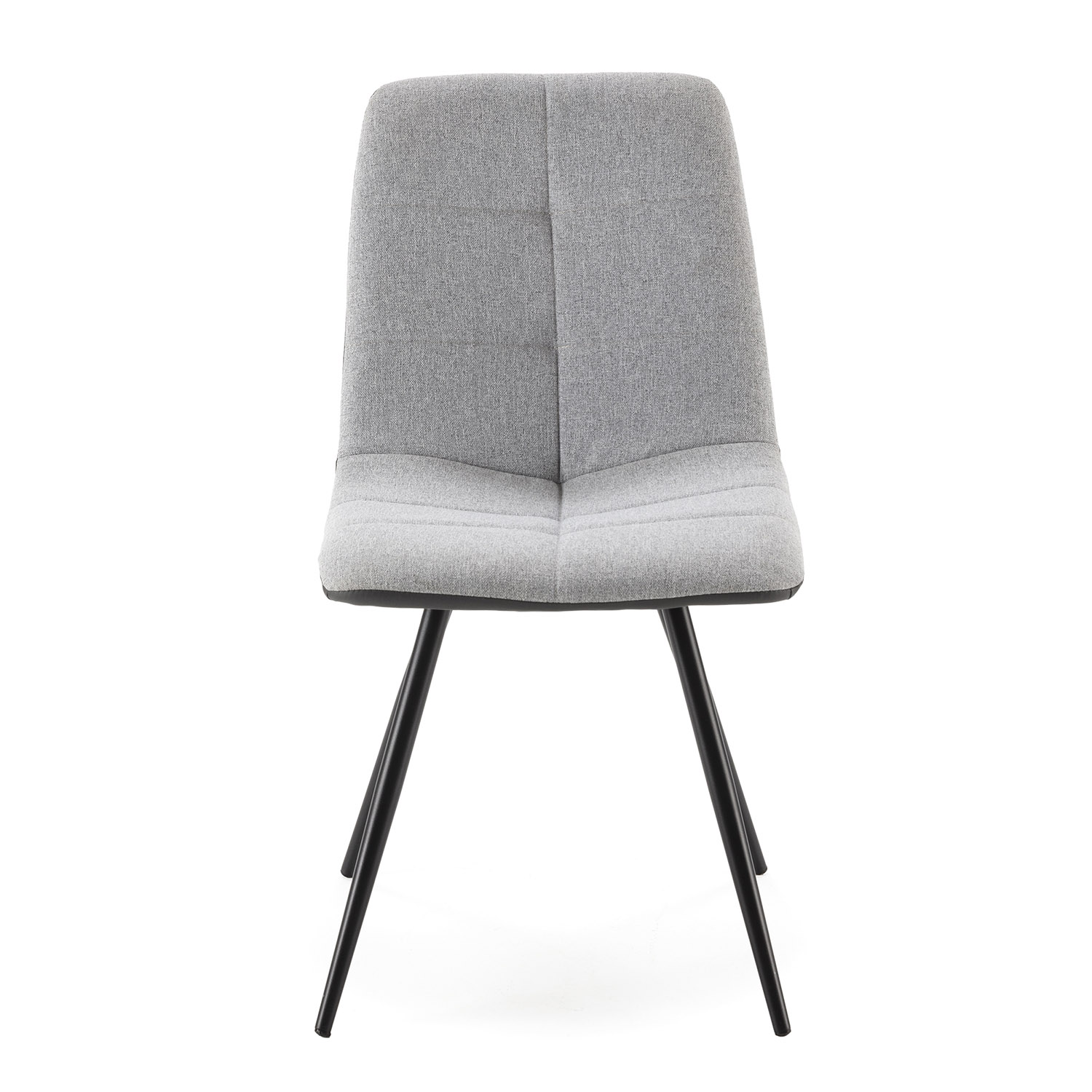Silla de tela gris con patas de metal negras, vista frontal.