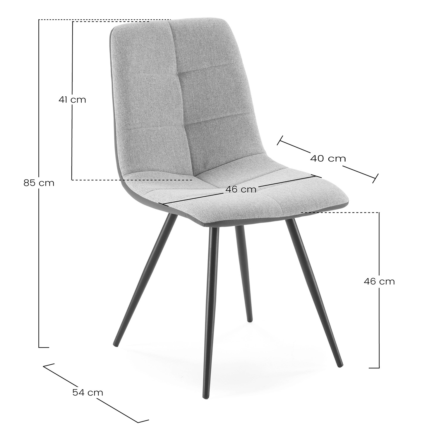 Silla gris de tela con patas de metal negro y dimensiones.