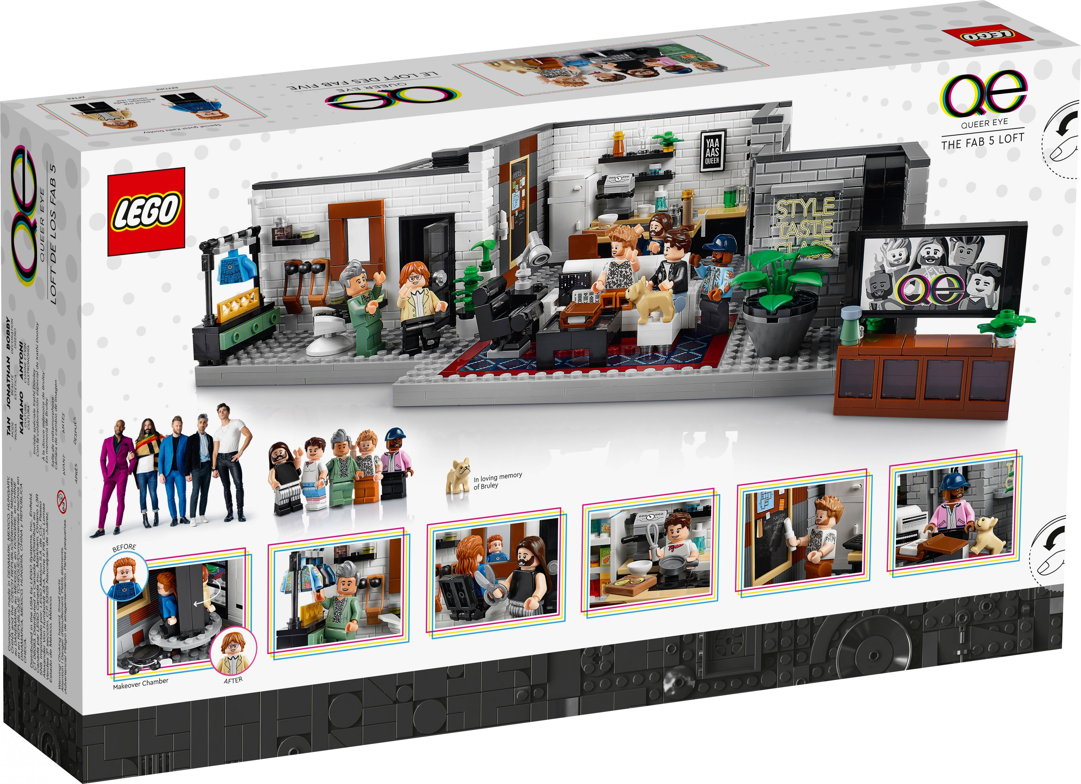 Lego-Set "Queer Eye: The Fab 5 Loft" mit Minifiguren und Einrichtung.