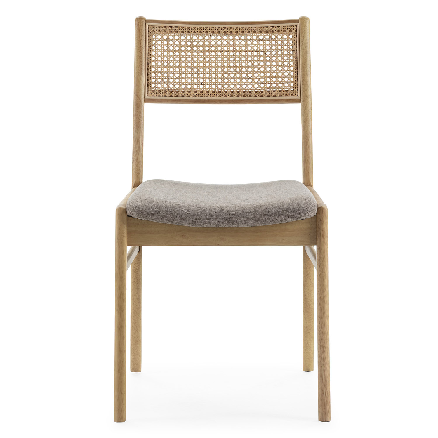 Una silla de madera con respaldo de caña tejida y asiento de tela gris.